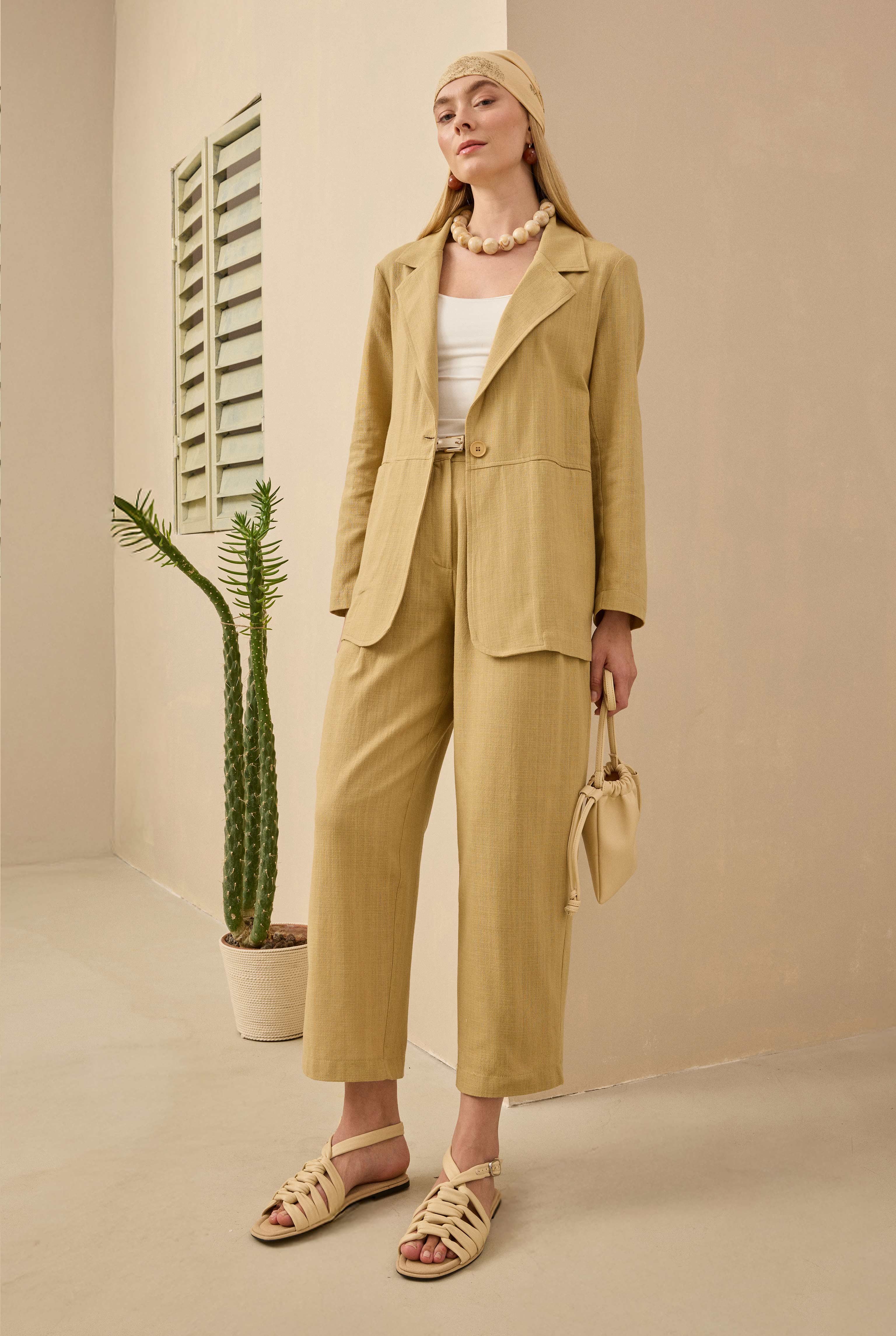 Double Pleated Linen Trousers Light Camel - 4