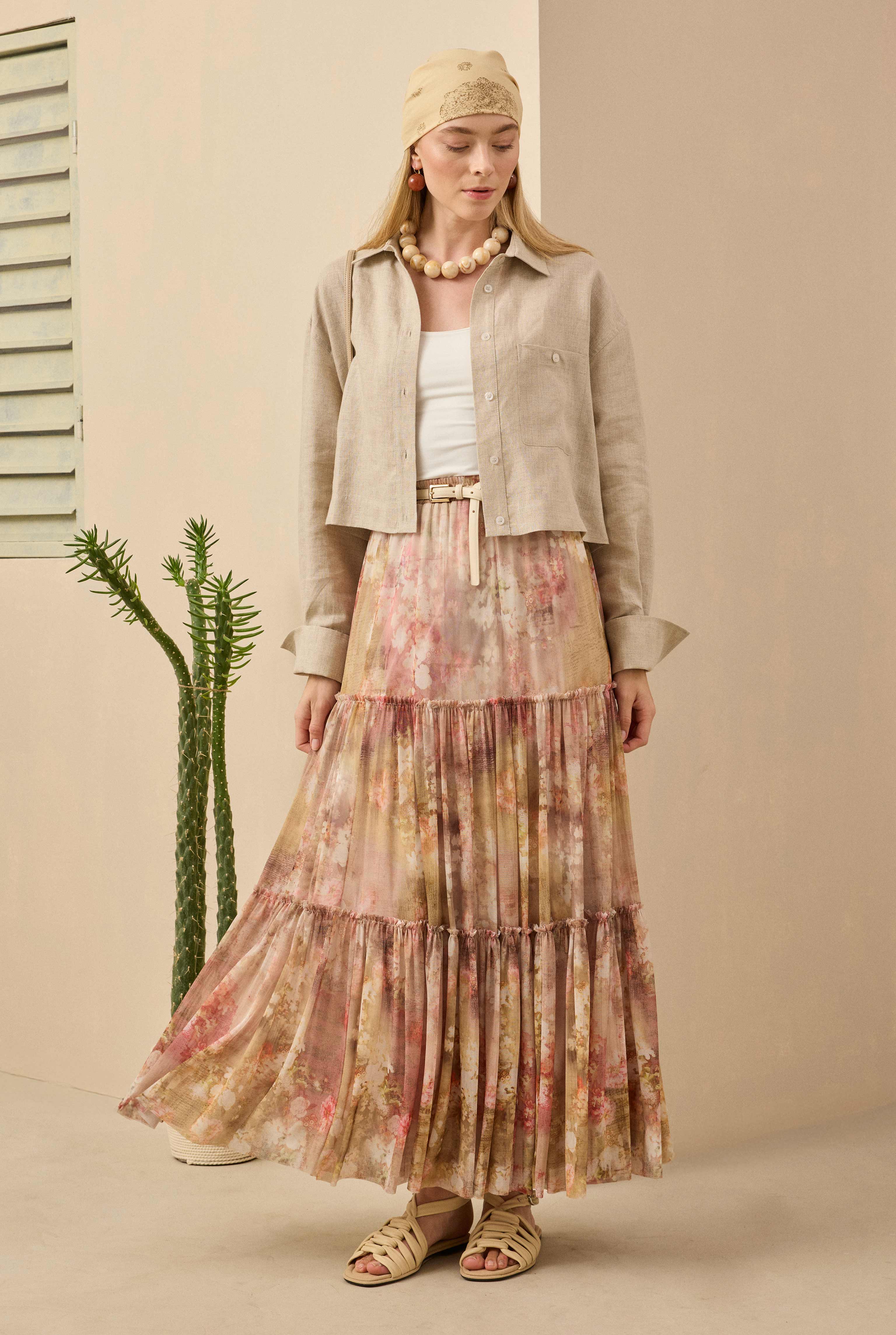 Layered Tulle Skirt Floral Patterned Oil Green - 2