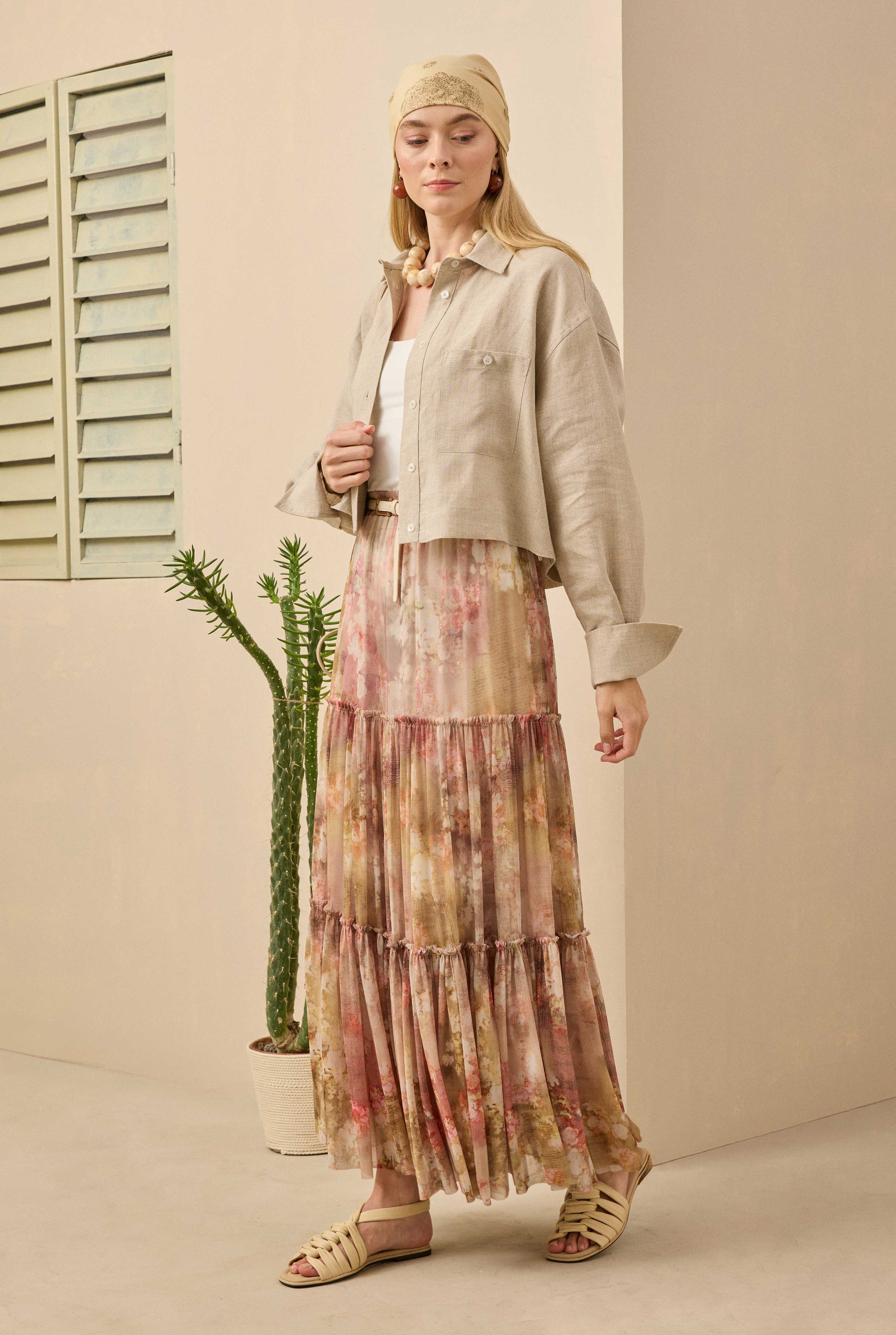 Layered Tulle Skirt Floral Patterned Oil Green - 3