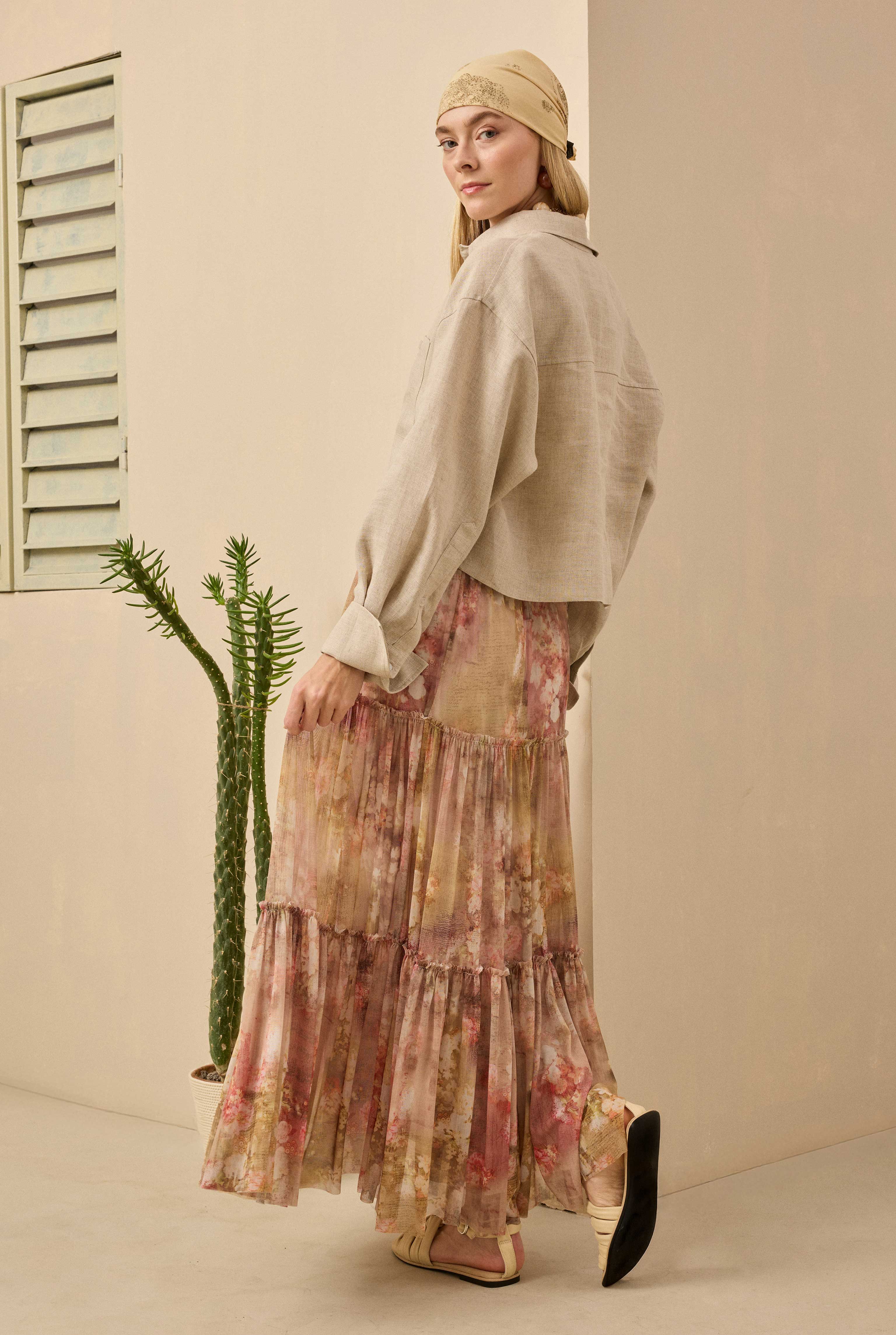 Layered Tulle Skirt Floral Patterned Oil Green - 4