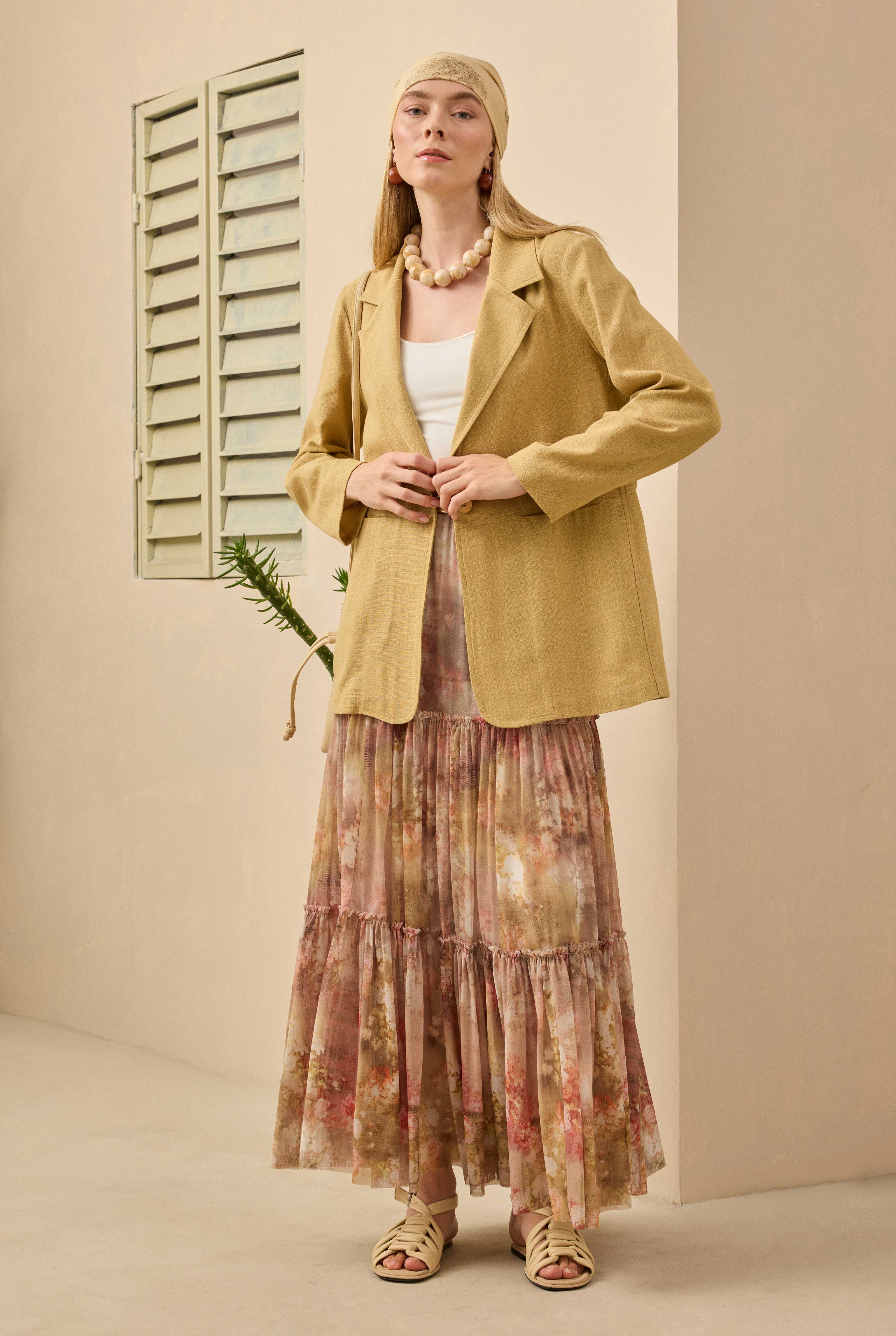 Layered Tulle Skirt Floral Patterned Oil Green - 5
