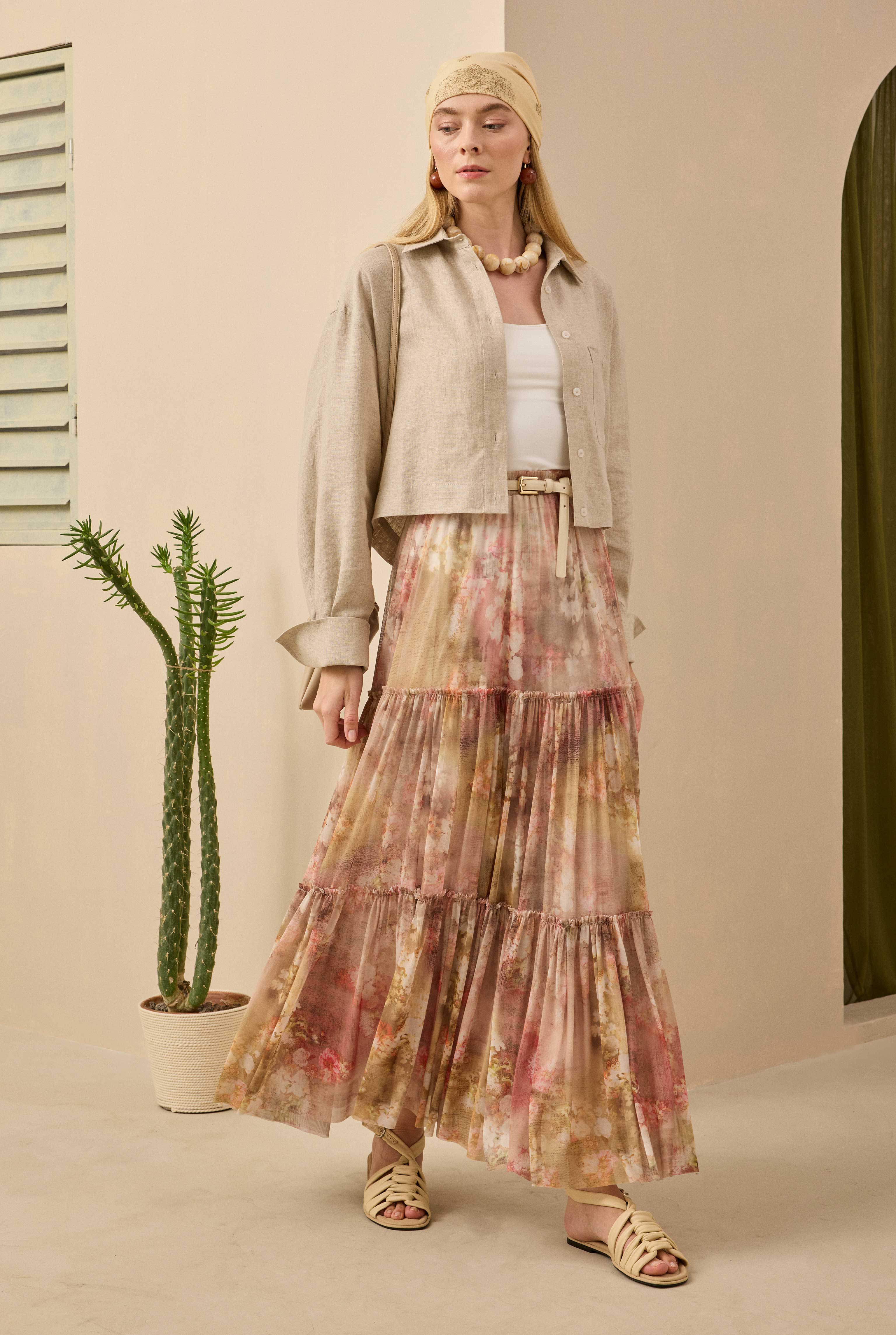 Layered Tulle Skirt Floral Patterned Oil Green - 1