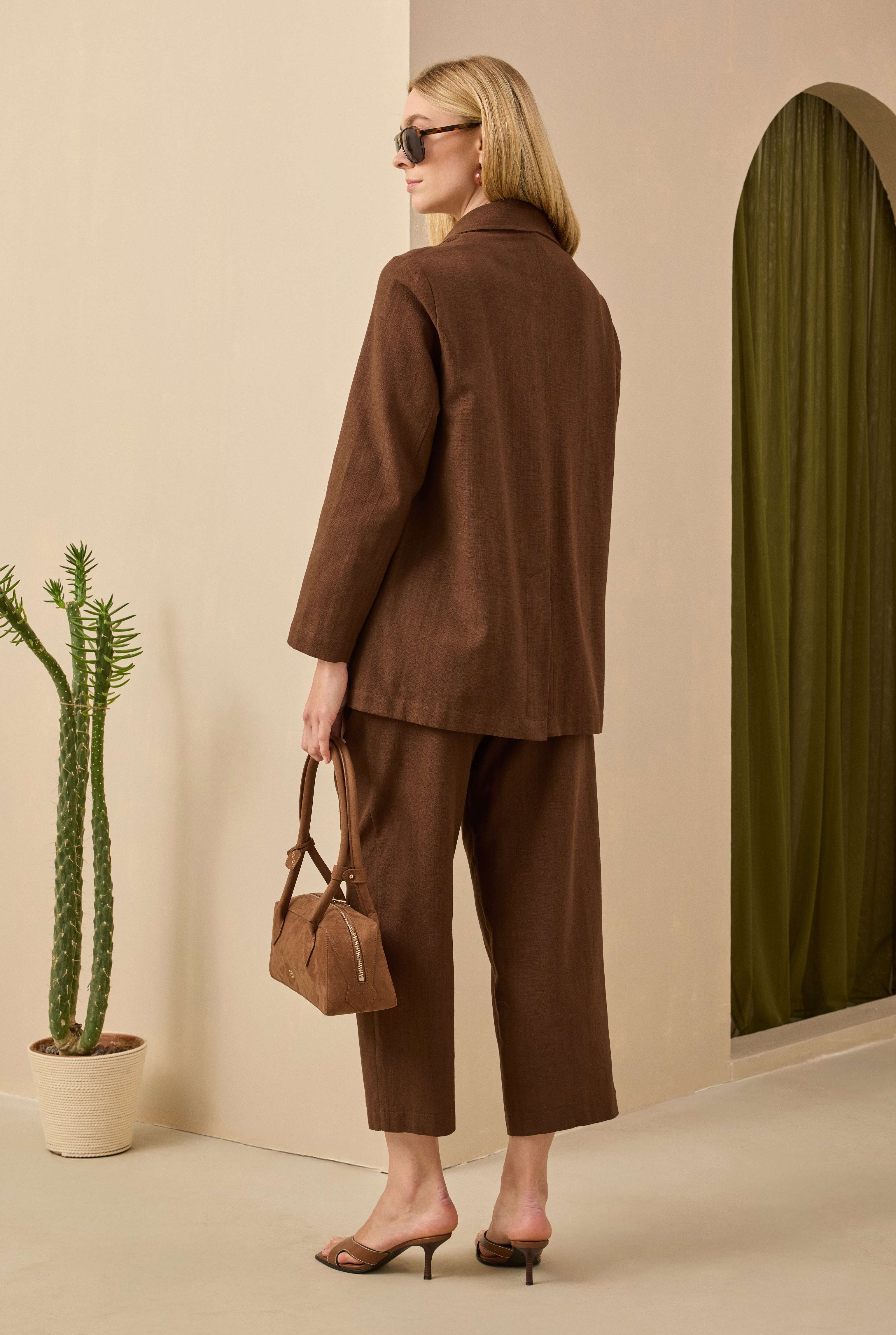 Double Pleated Linen Trousers Brown - 2