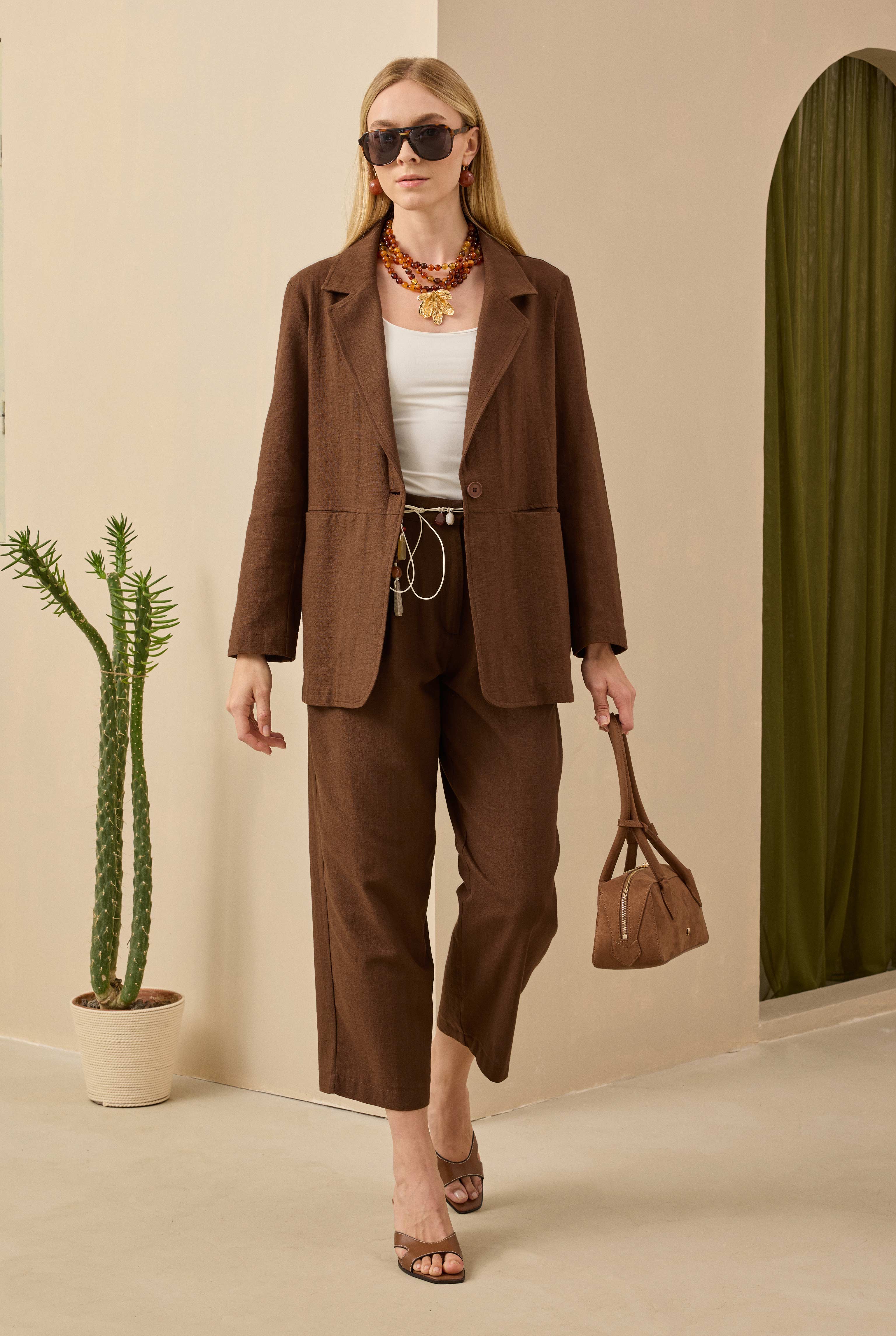 Double Pleated Linen Trousers Brown - HE-QA