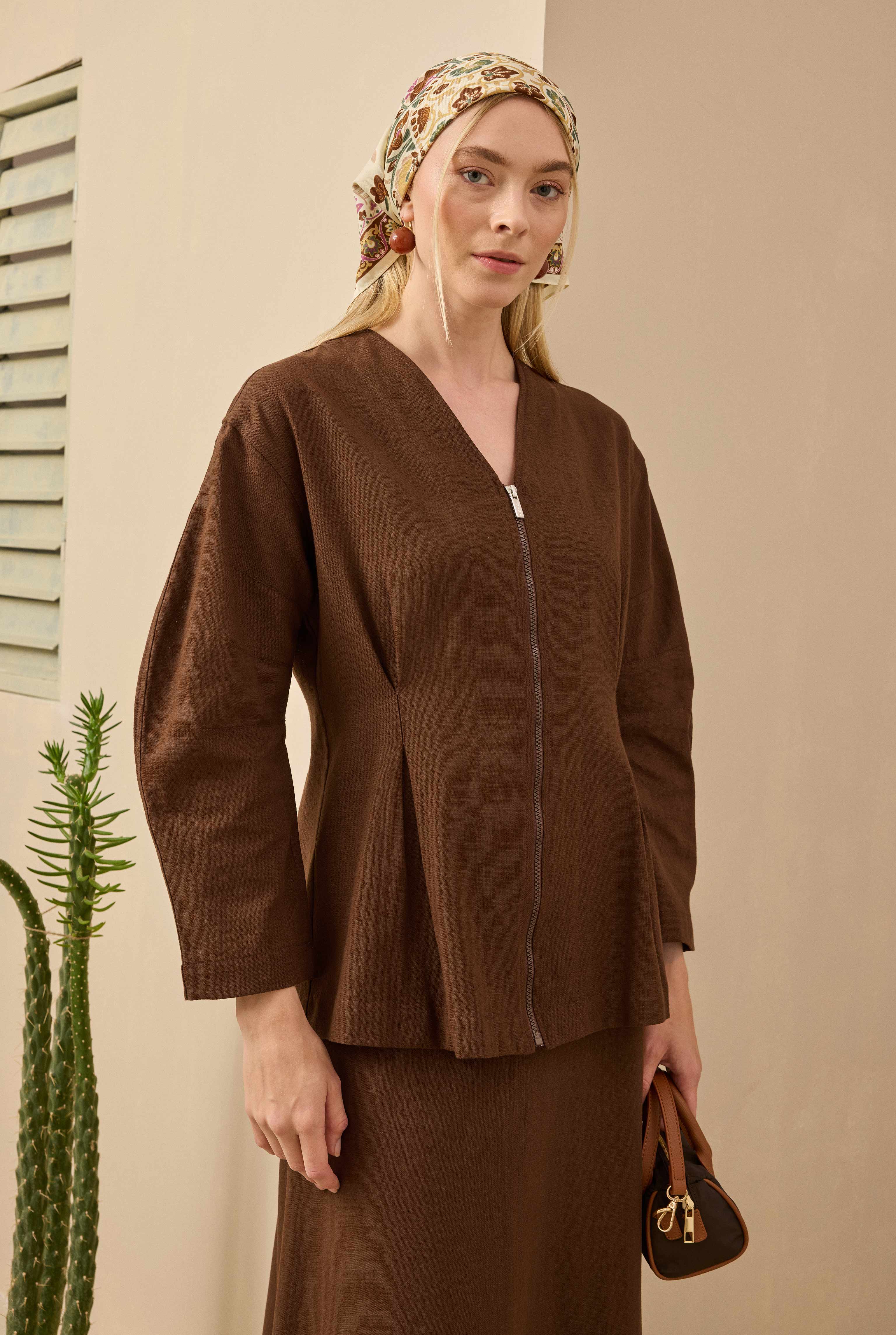 Cotton Linen Jacket Brown - 2