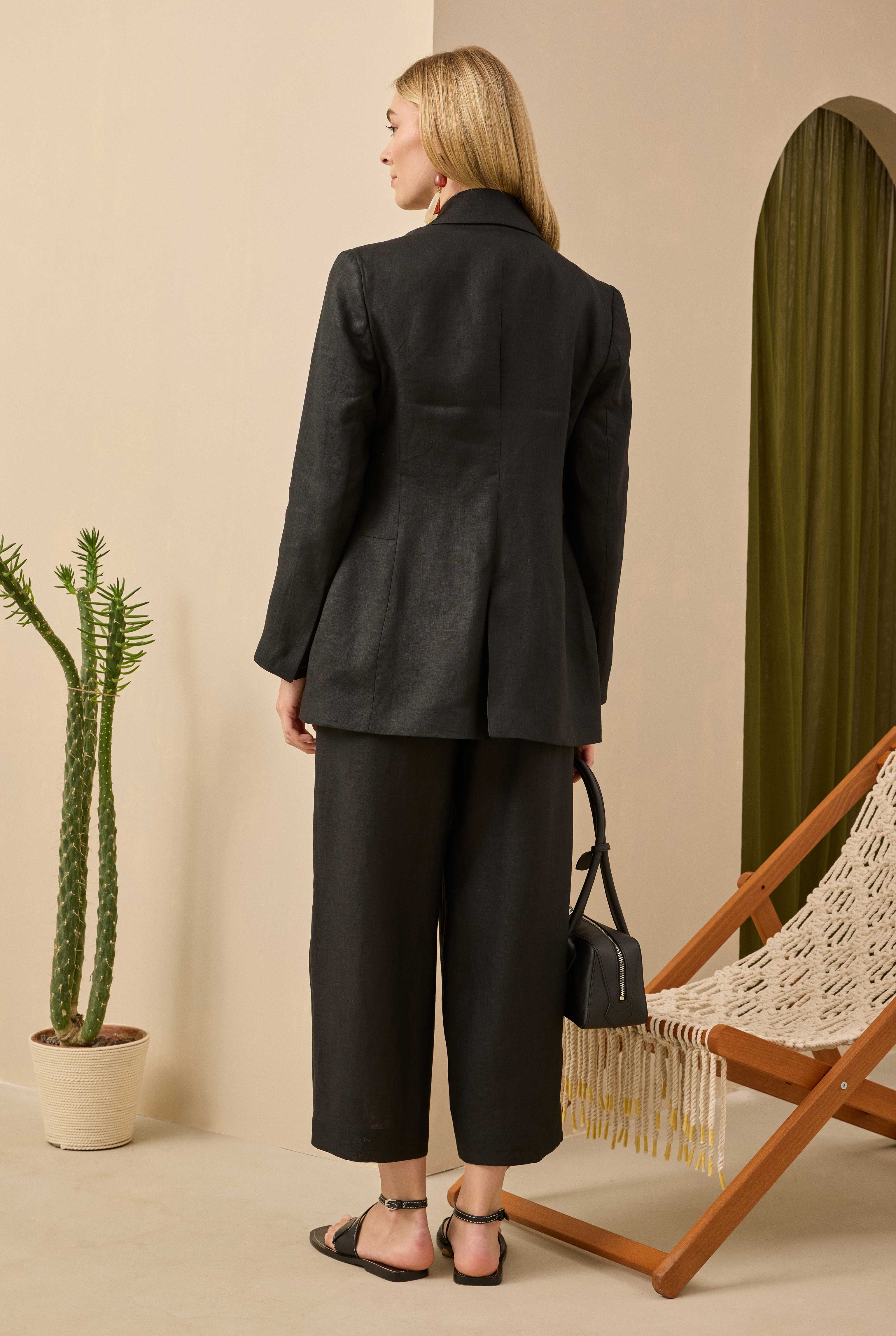 Waist Fitted Linen Jacket Black - 4