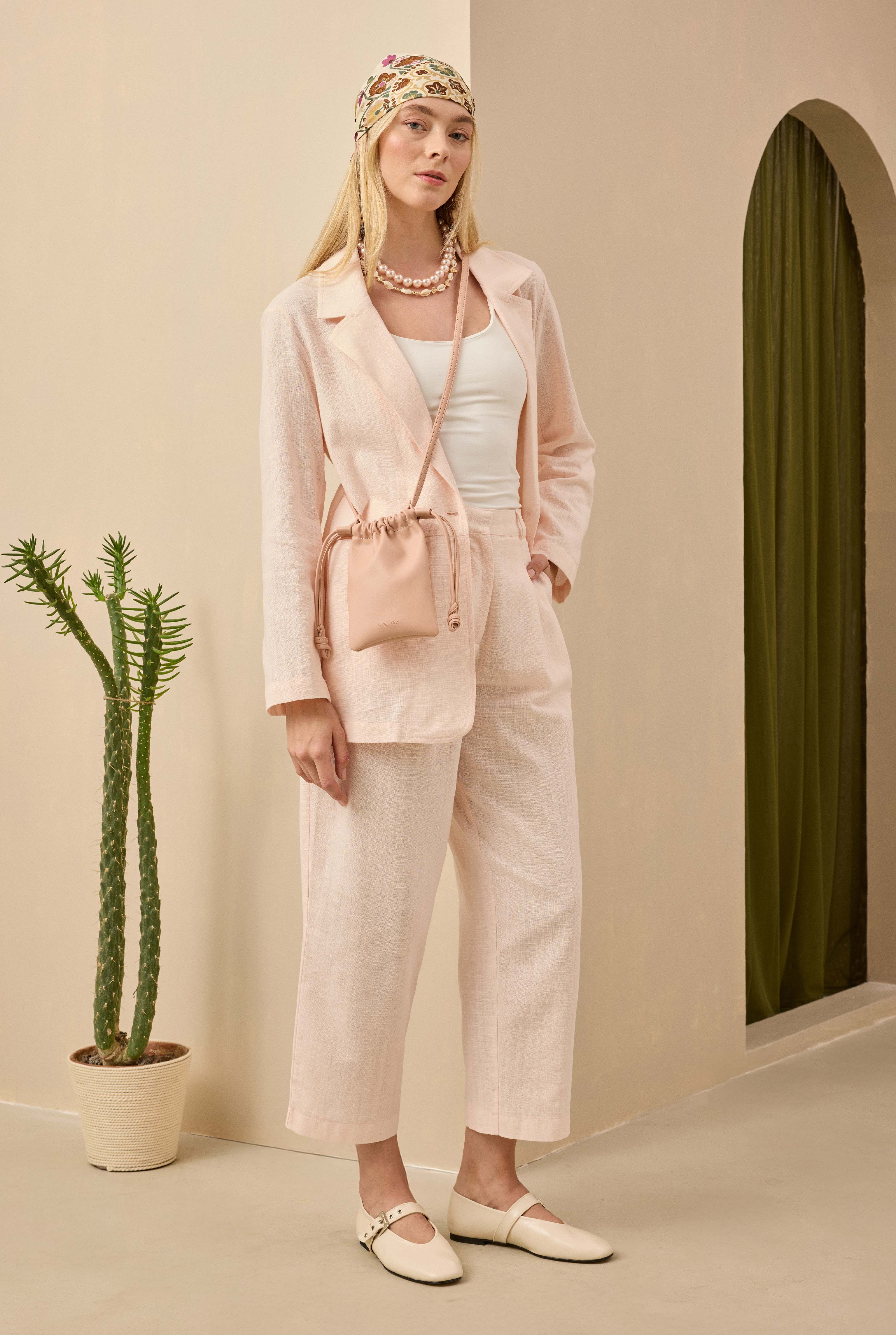 Double Pleated Linen Trousers Soft Pink - HE-QA