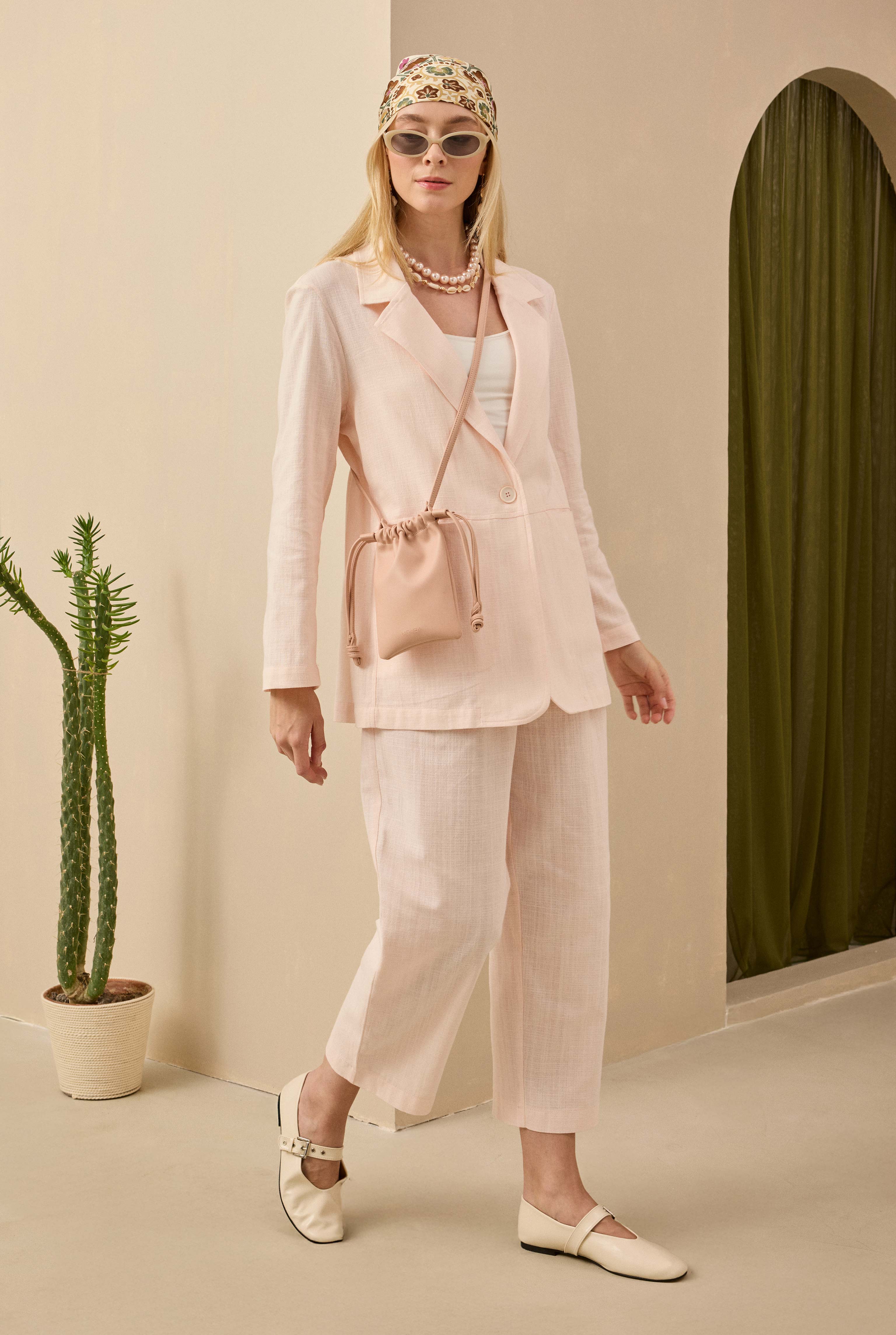 Double Pleated Linen Trousers Soft Pink - 4