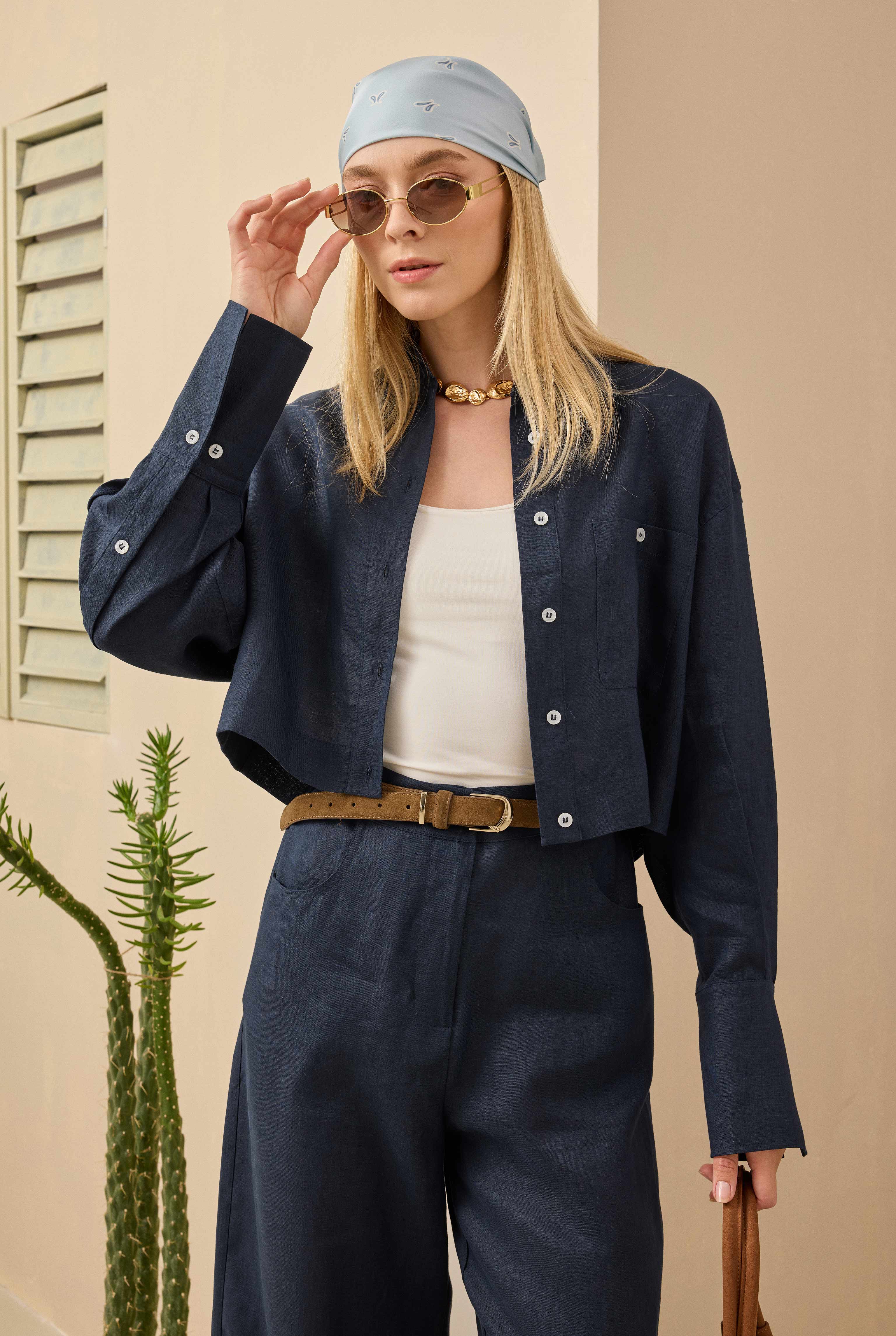 Linen Crop Shirt Midnight Blue - 1