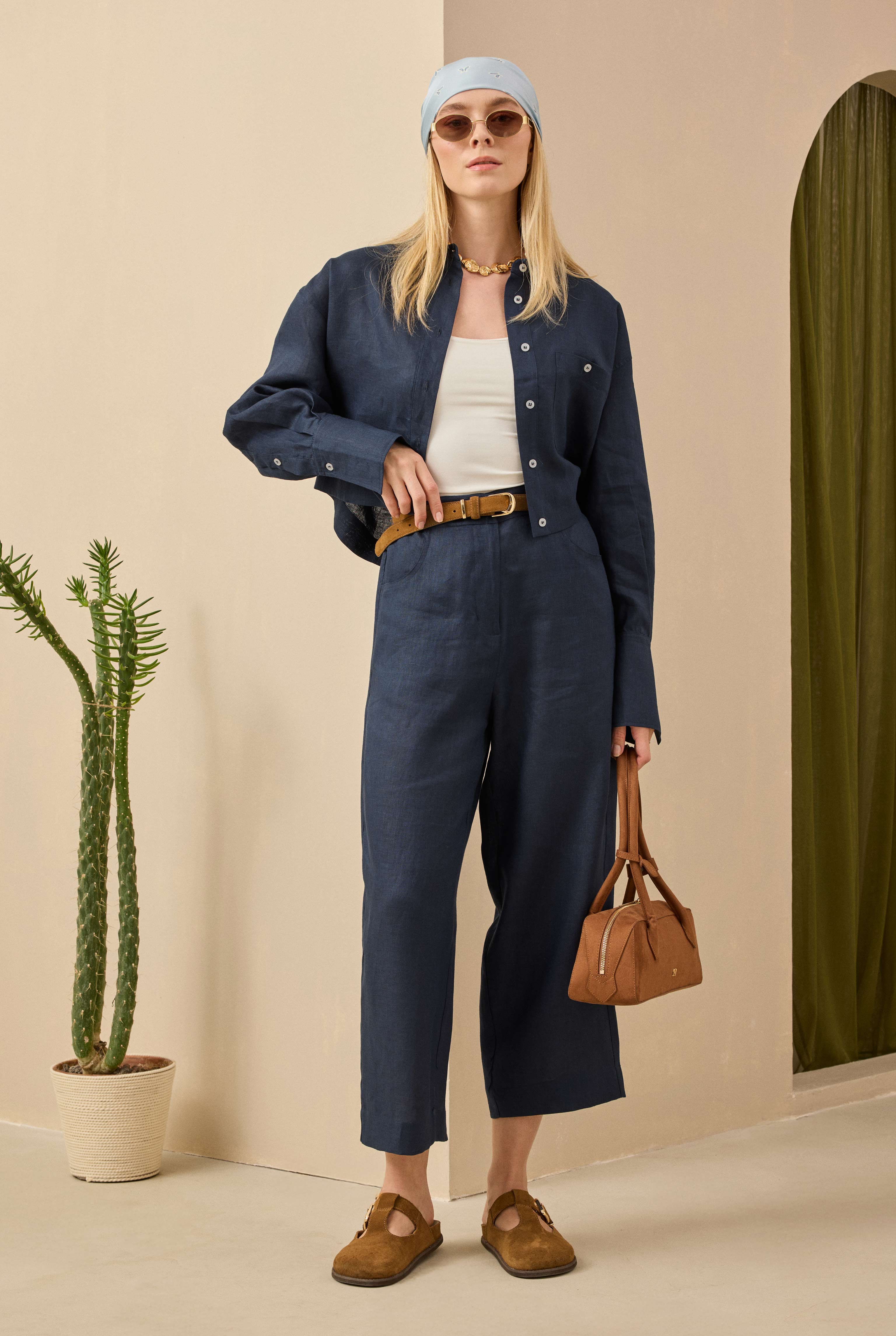 Linen Crop Shirt Midnight Blue - 2