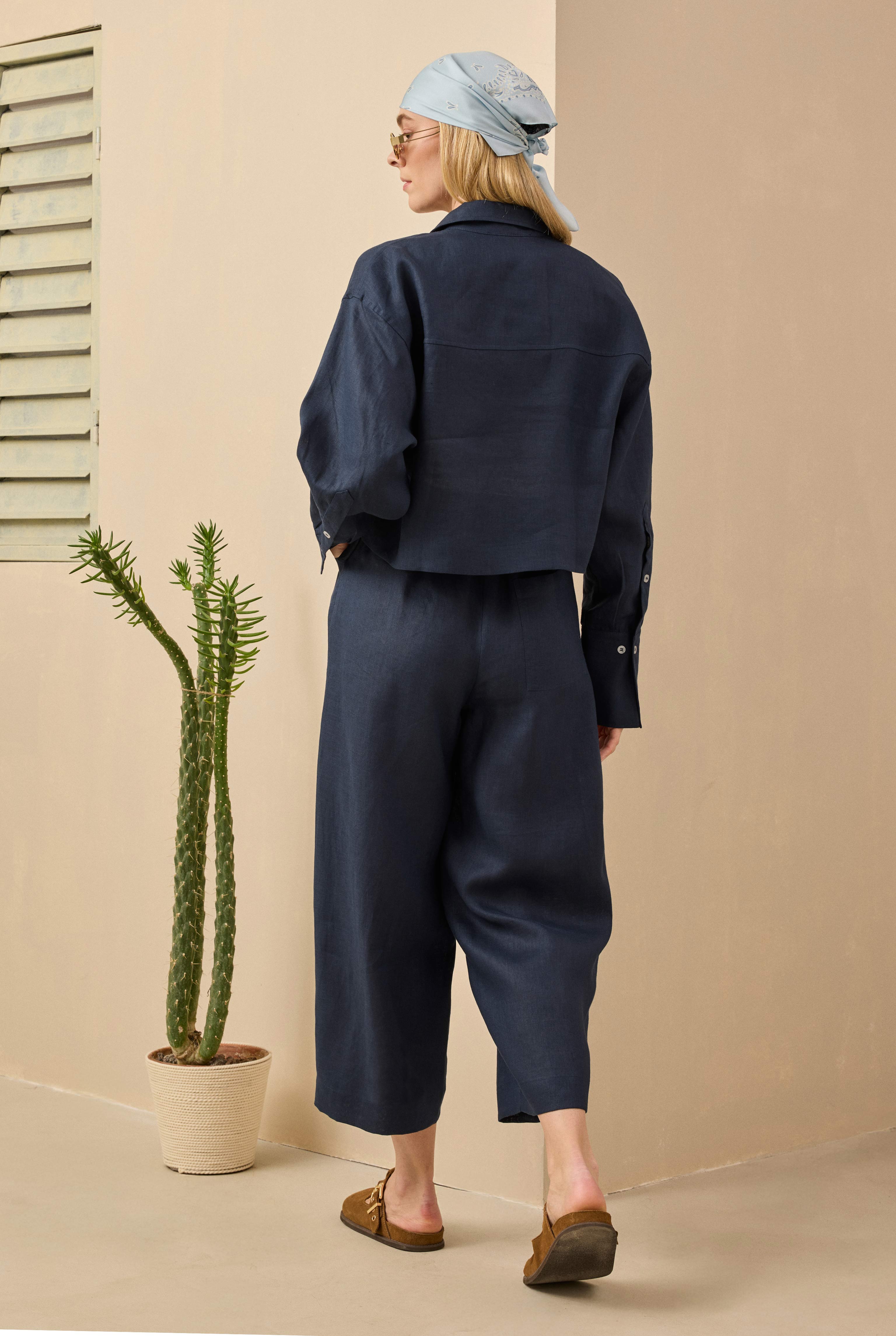 Linen Crop Shirt Midnight Blue - 5
