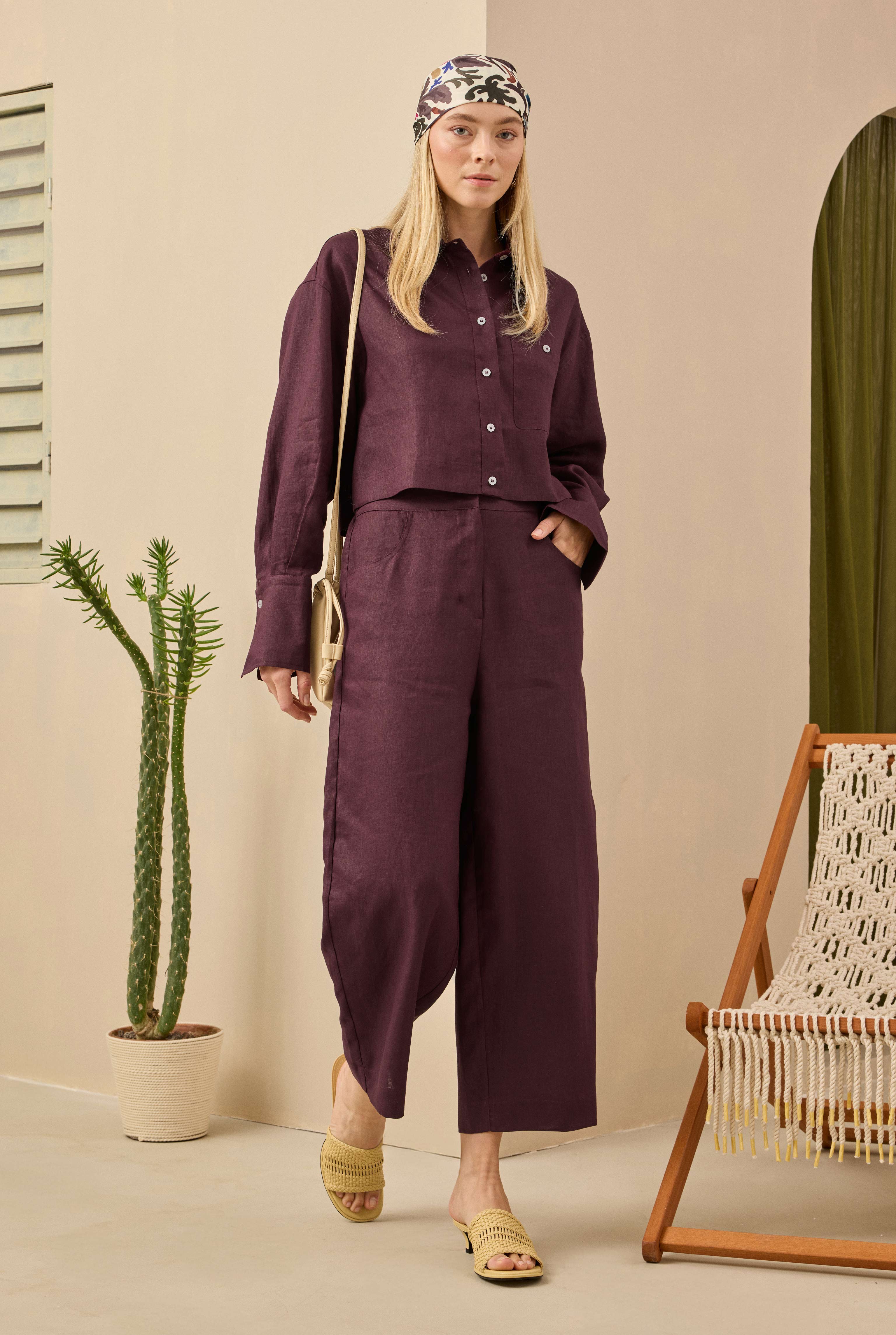 Midi Linen Trousers Bordeaux - HE-QA