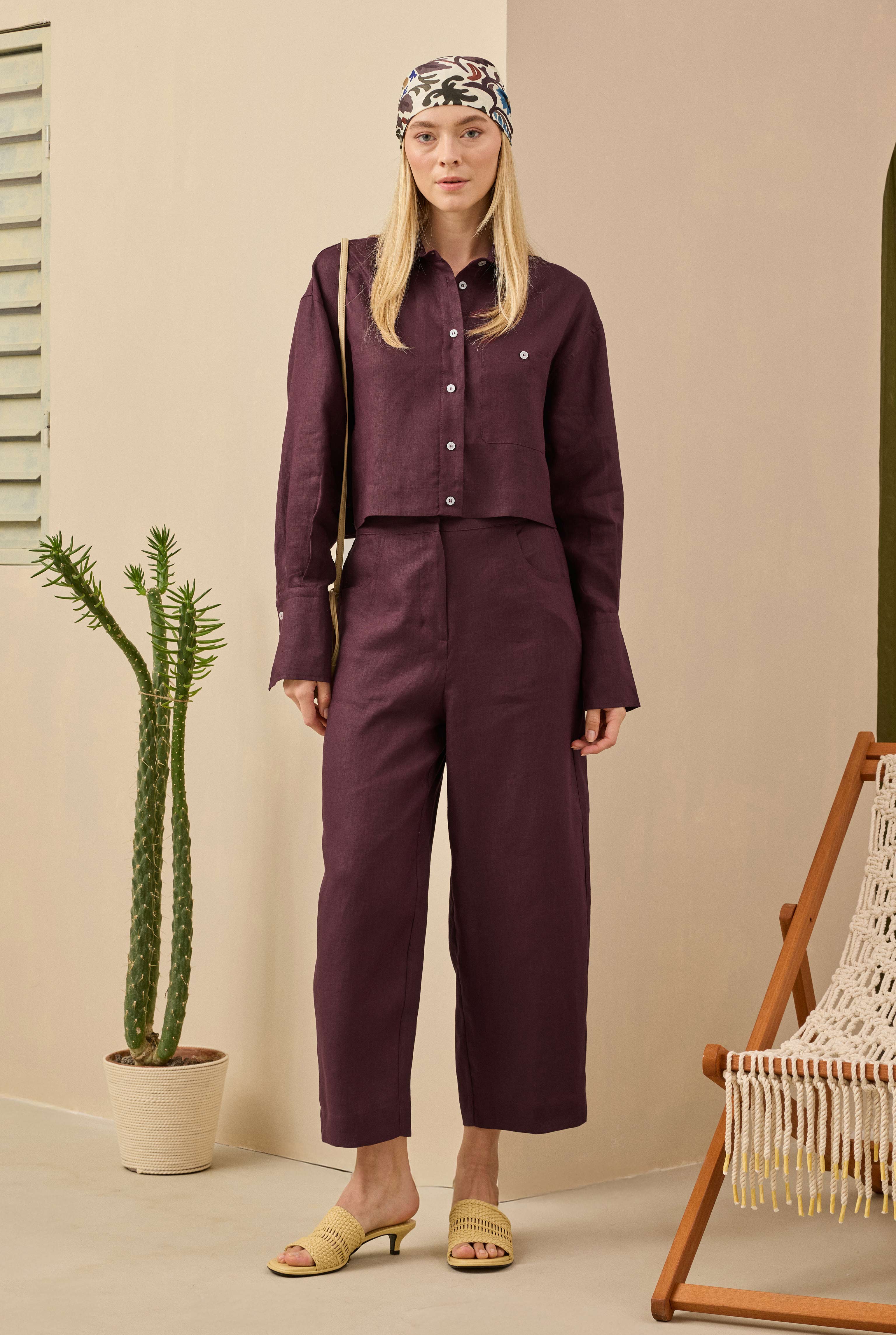 Midi Linen Trousers Bordeaux - 2