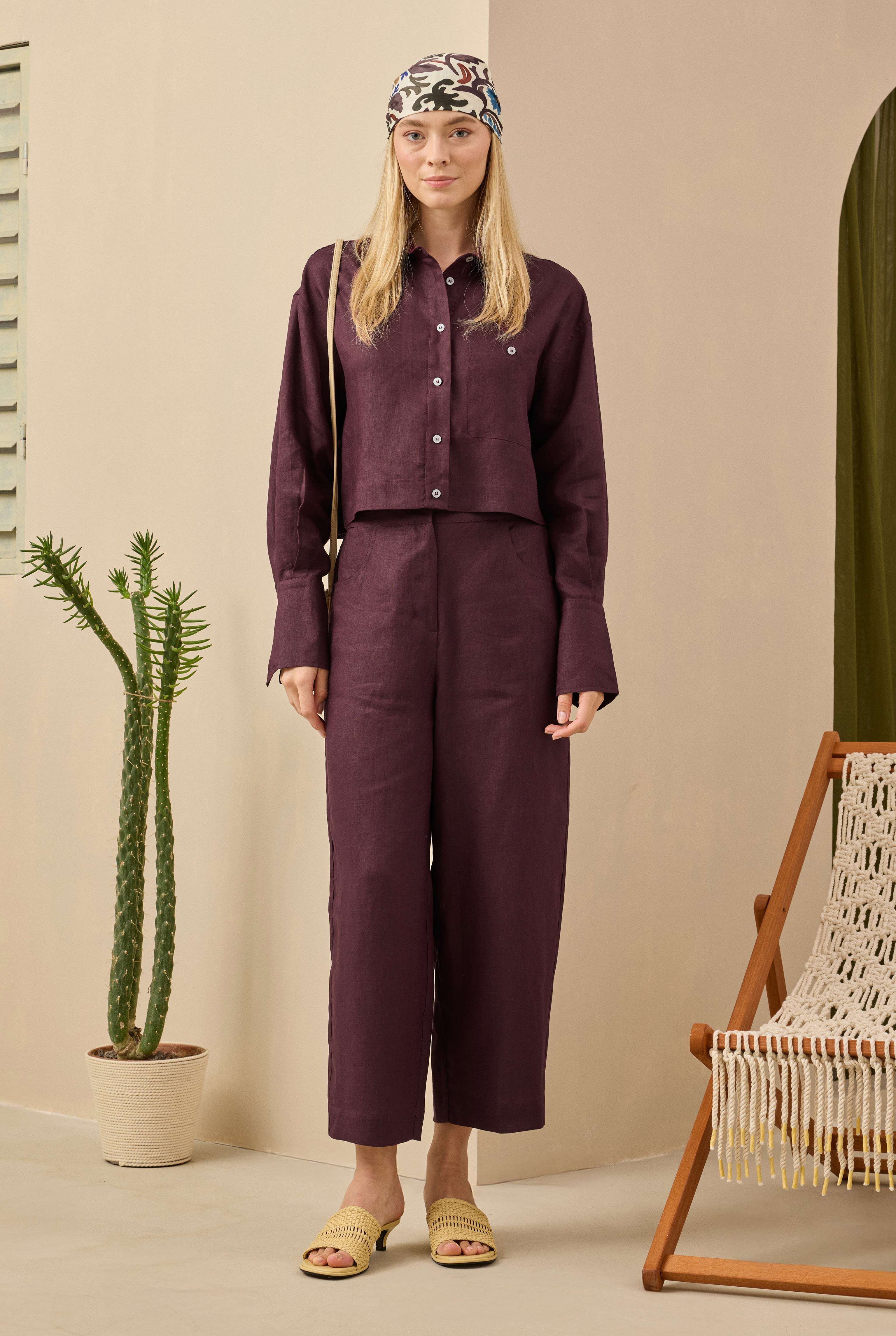 Midi Linen Trousers Bordeaux - 3
