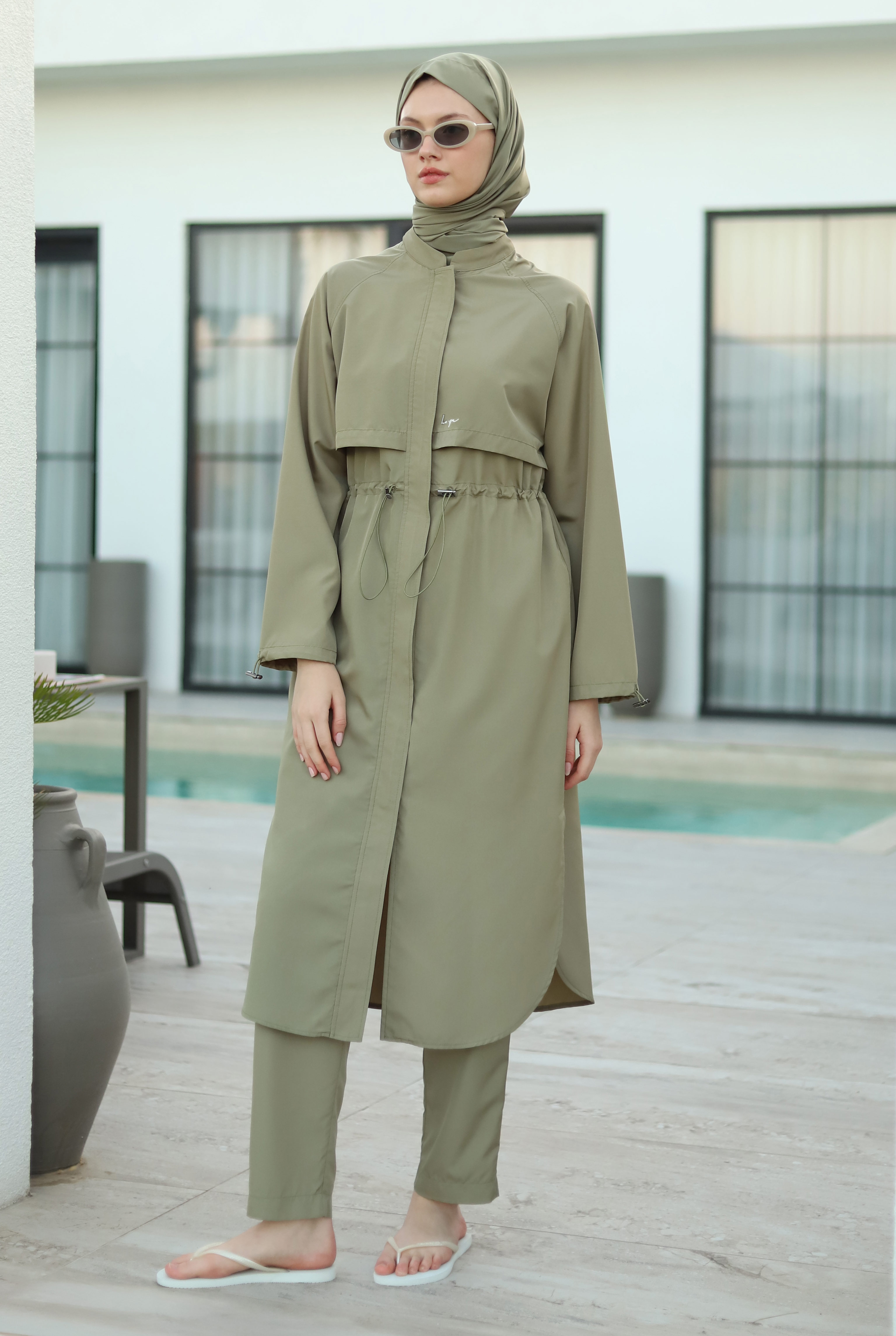 Raglan Sleeve Swimsuit Light Khaki - HE-QA