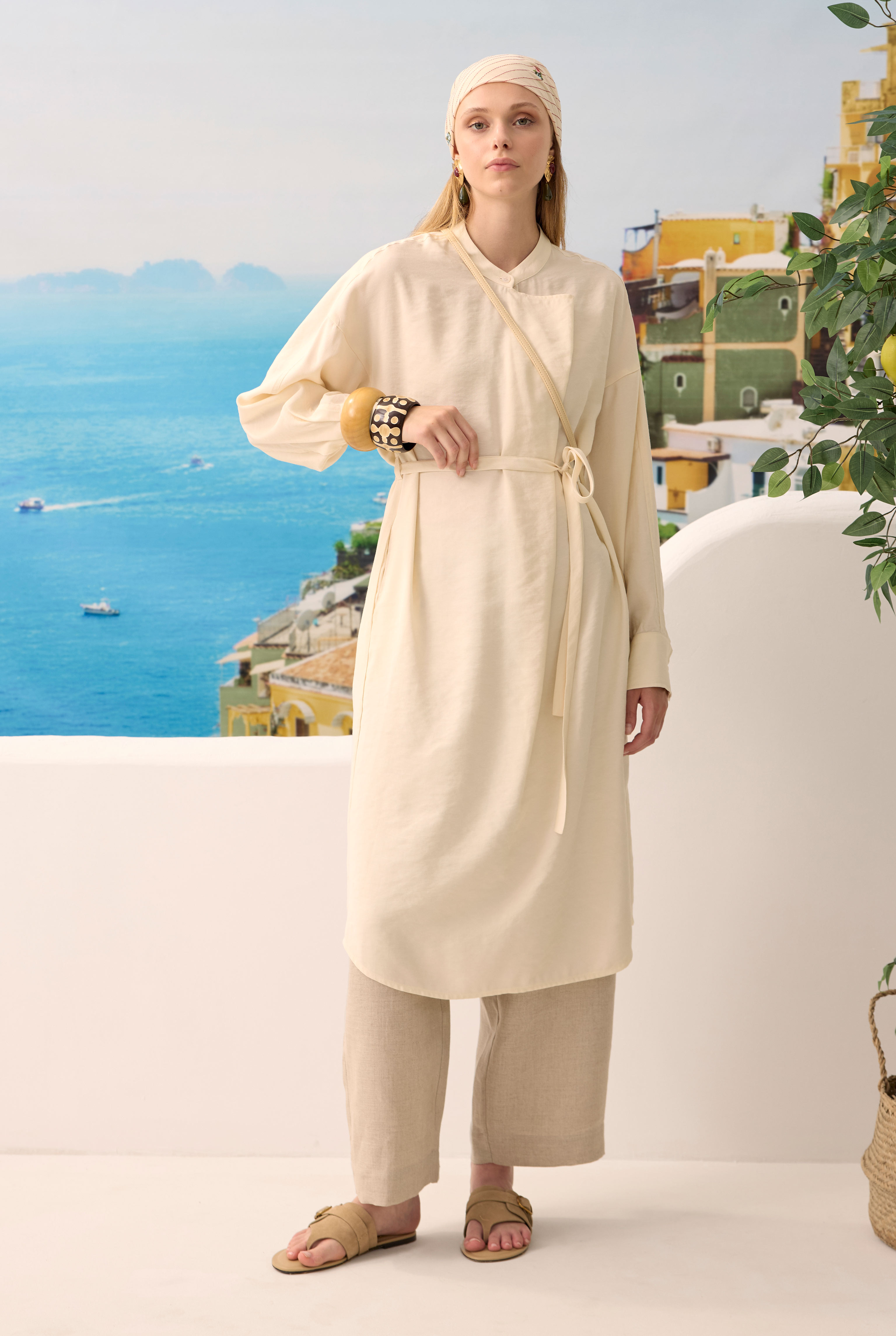 Wide Collared Pleated Tunic Bone - 1