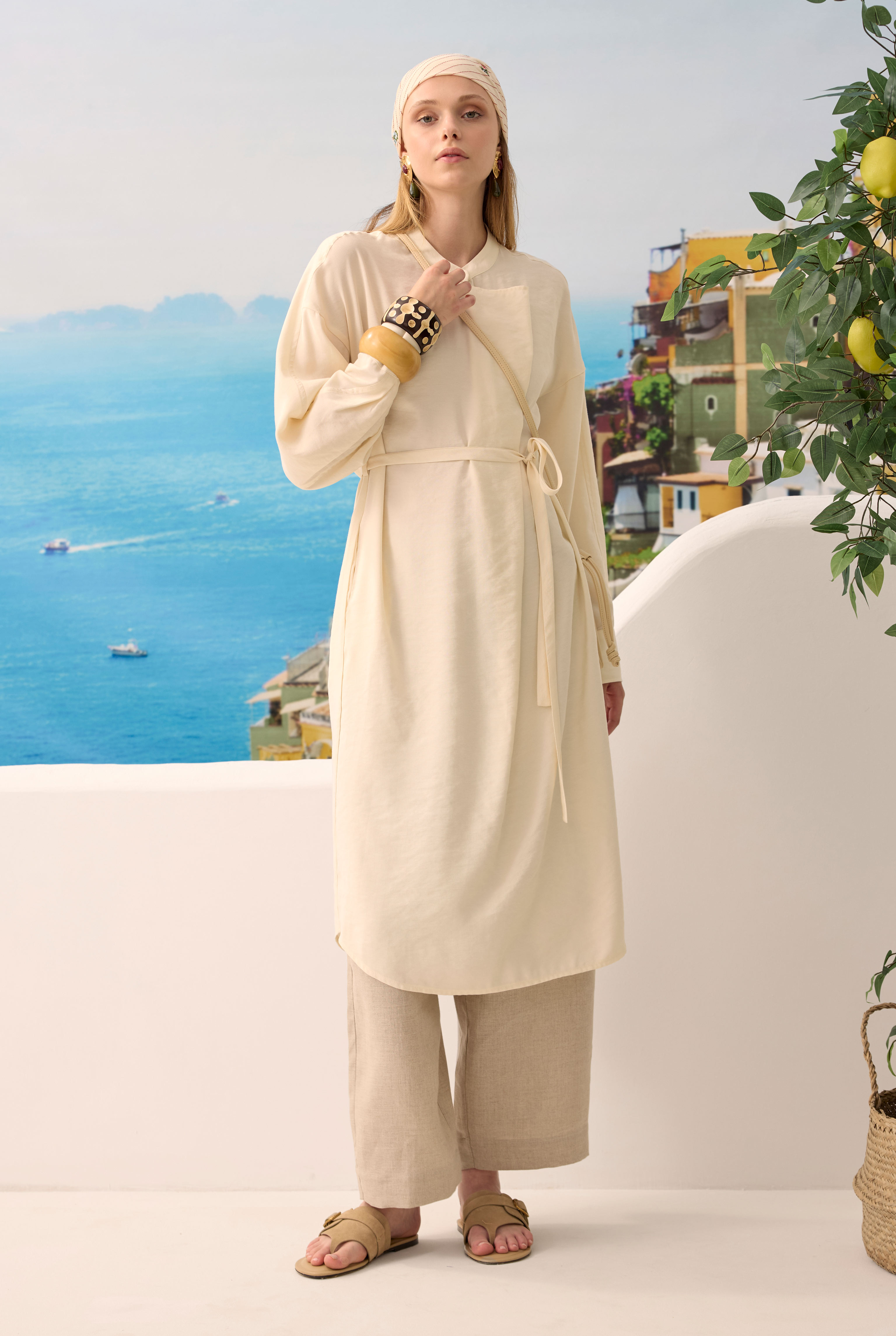 Wide Collared Pleated Tunic Bone - 3