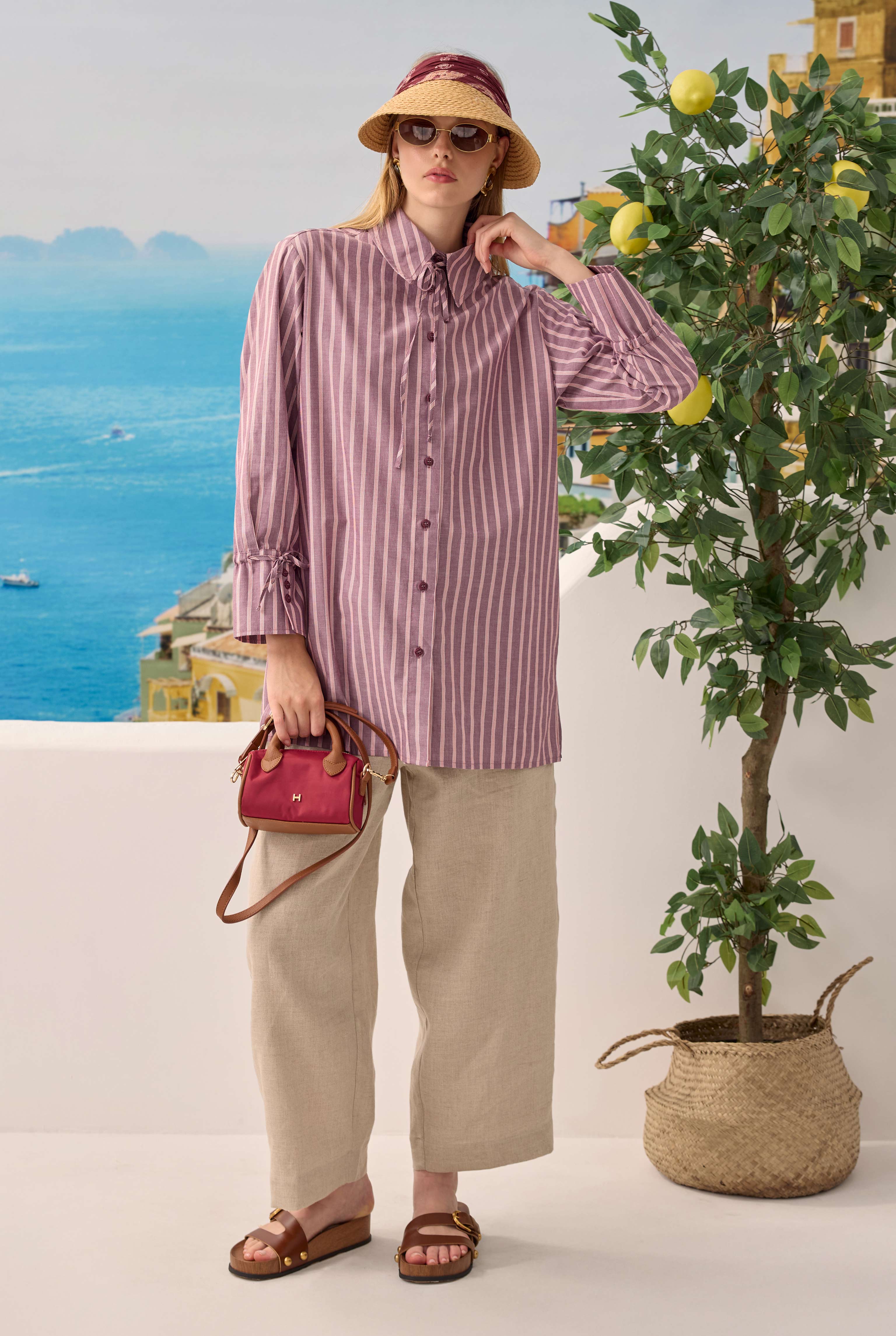 Tie-neck Striped Shirt Pink - HE-QA