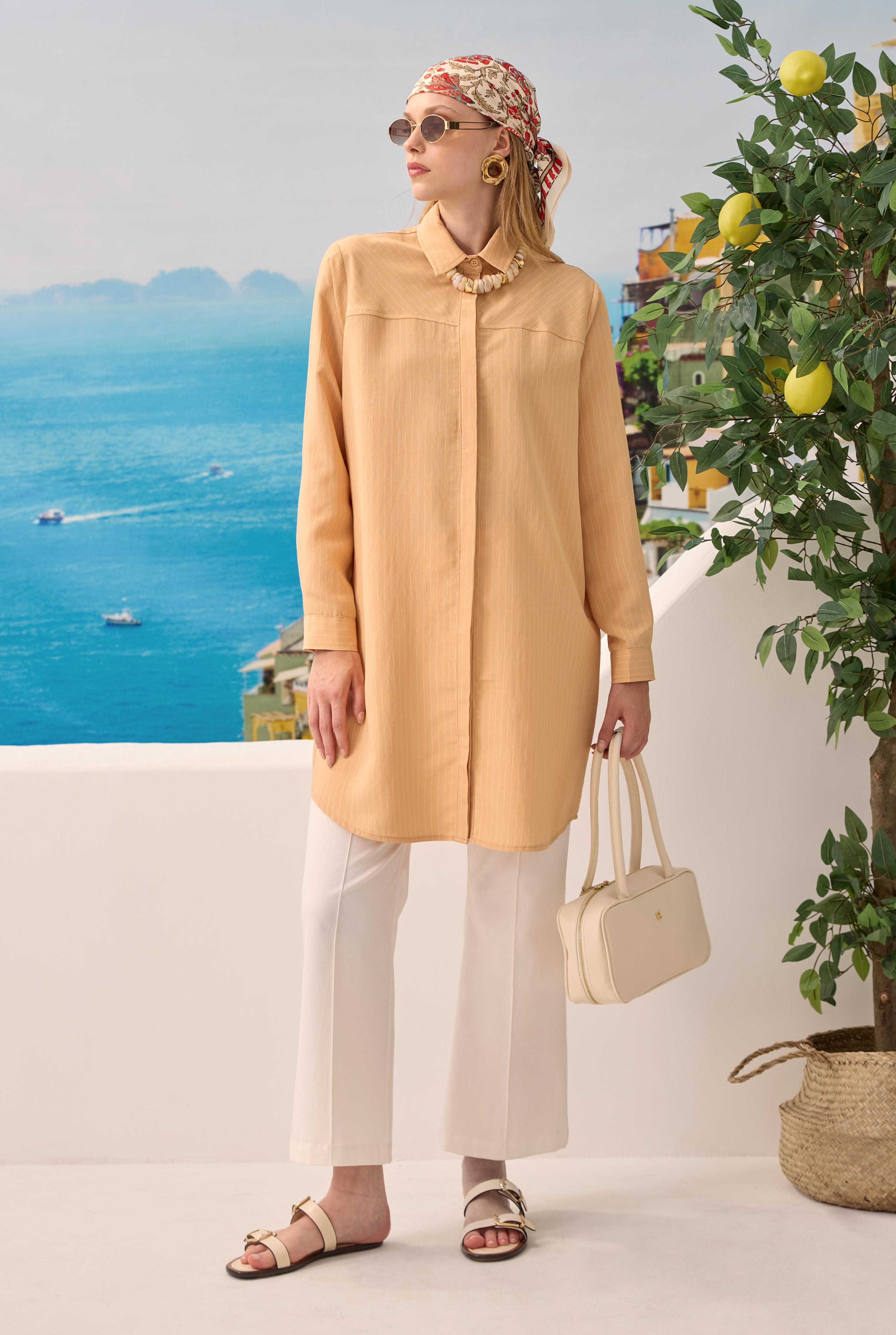 Diagonal Yoke Striped Shirt Light Salmon - 1