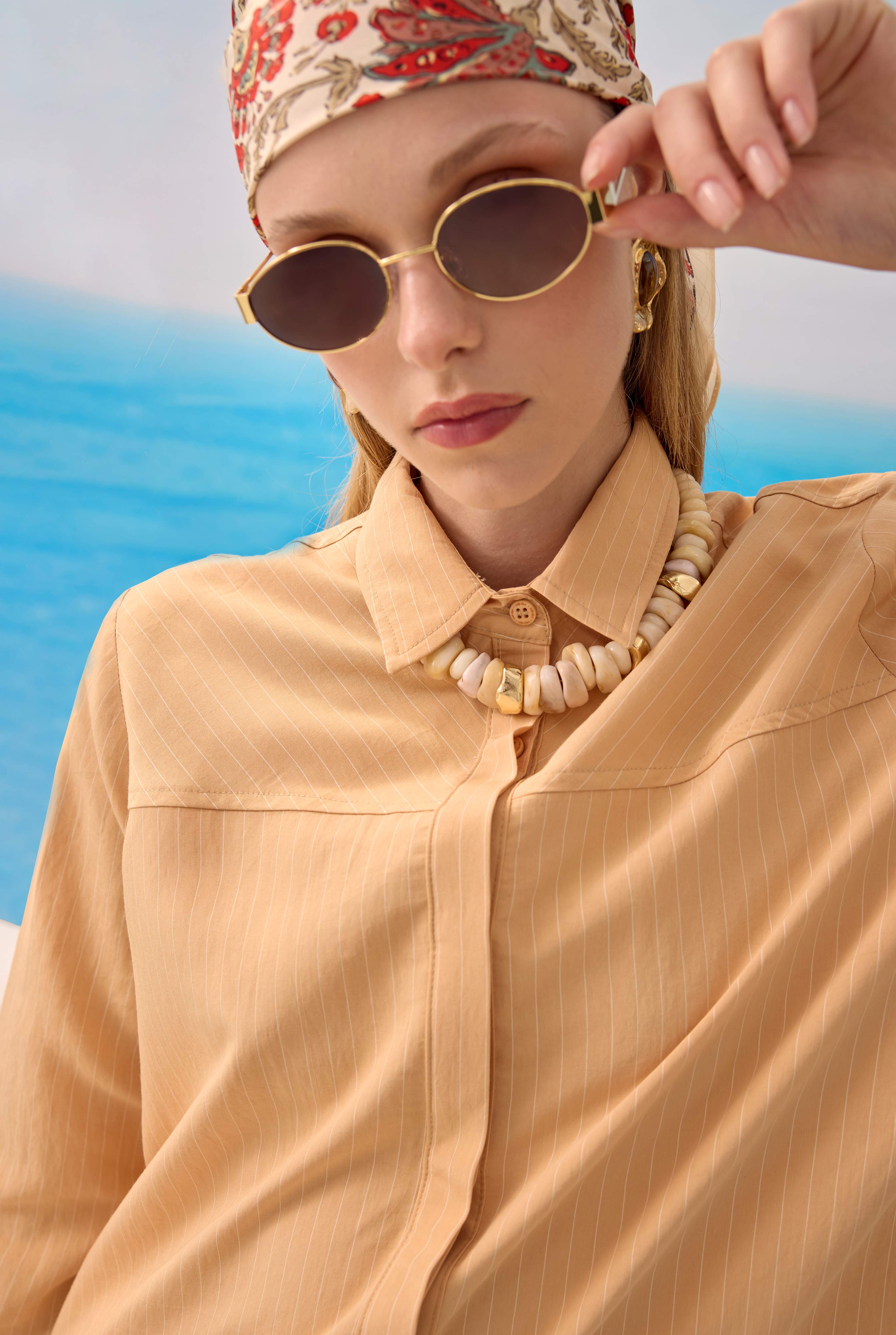 Diagonal Yoke Striped Shirt Light Salmon - 4