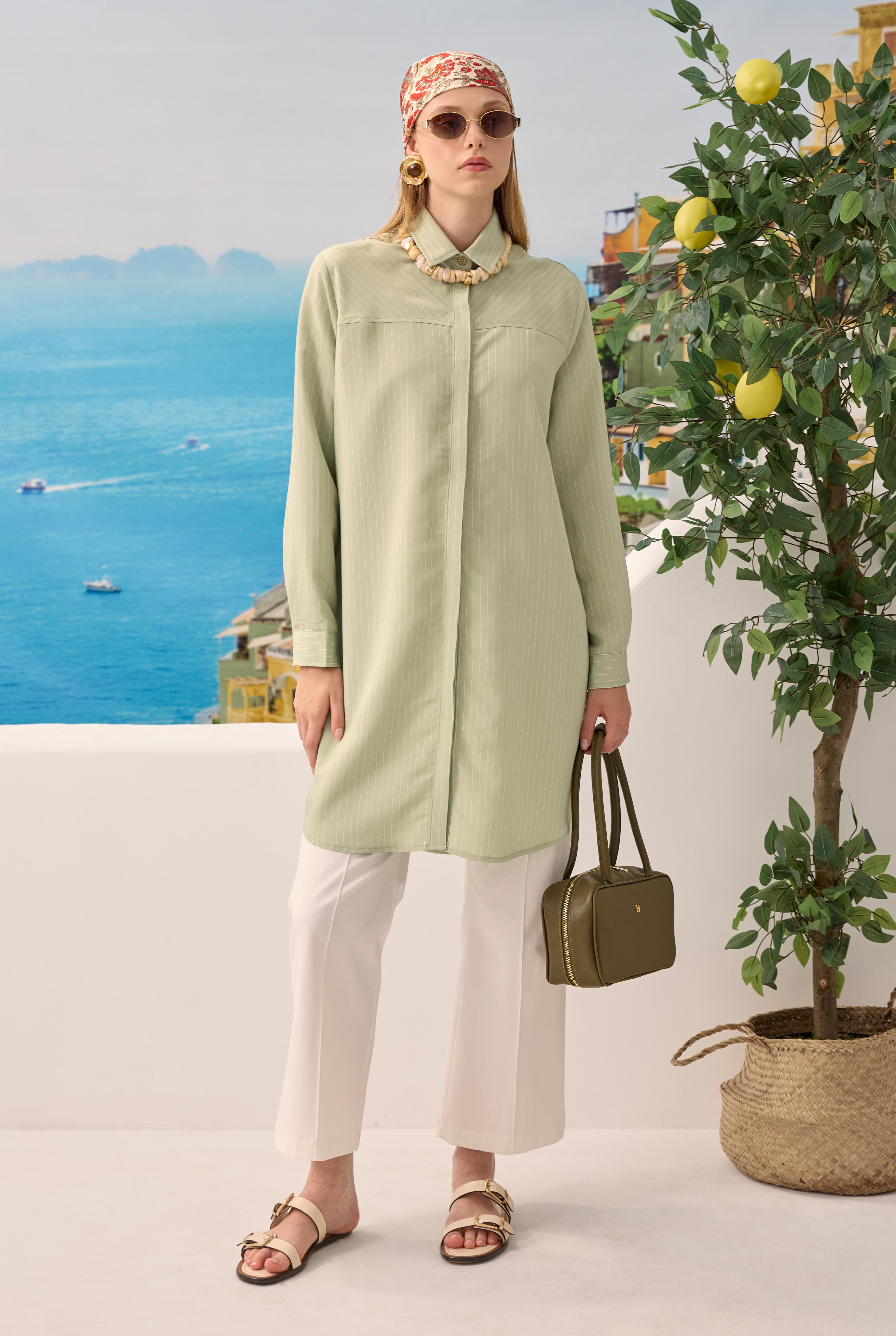 Diagonal Yoke Striped Shirt Eucalyptus - 4