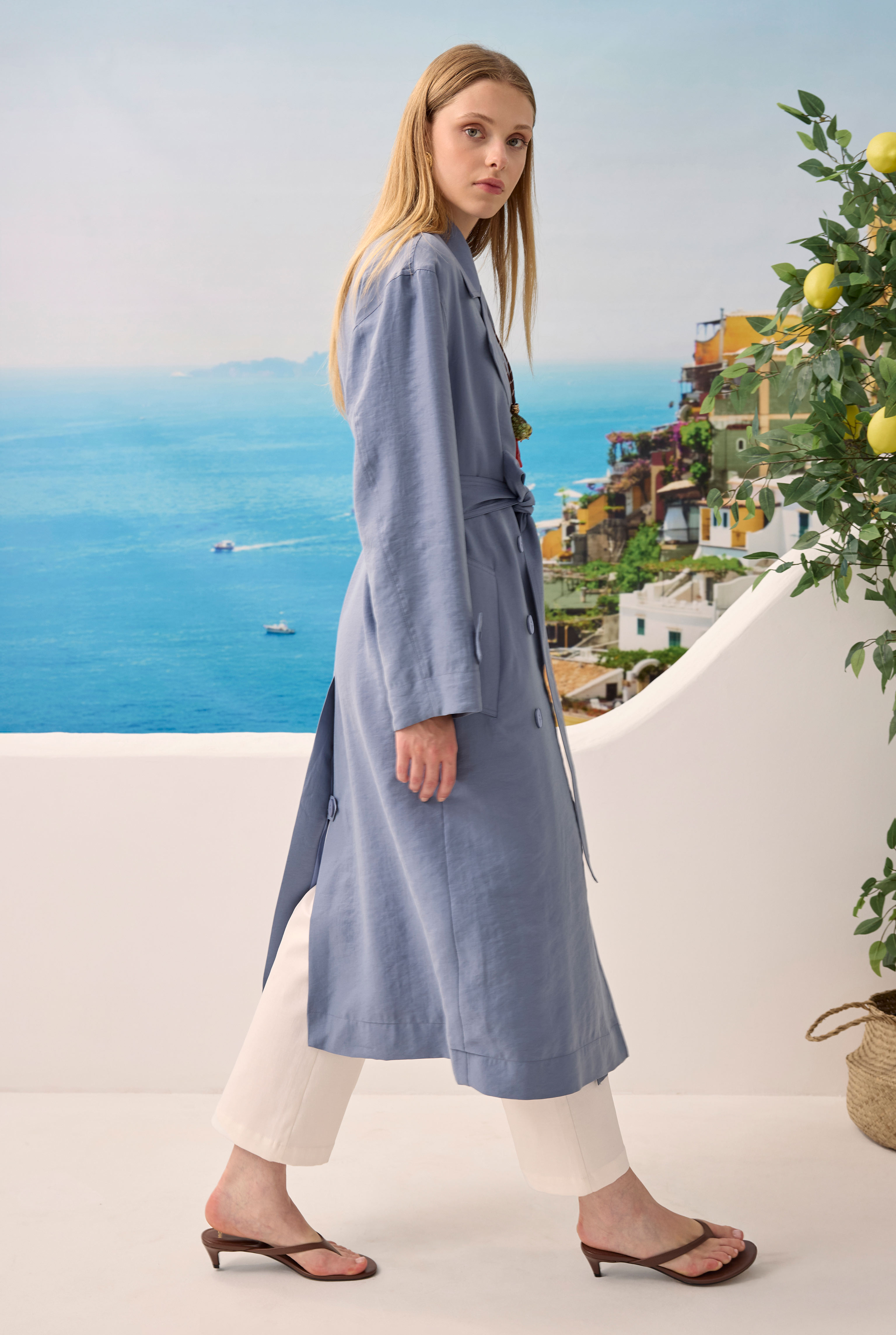 Buttoned Long Trenchcoat Lavender Blue - 4