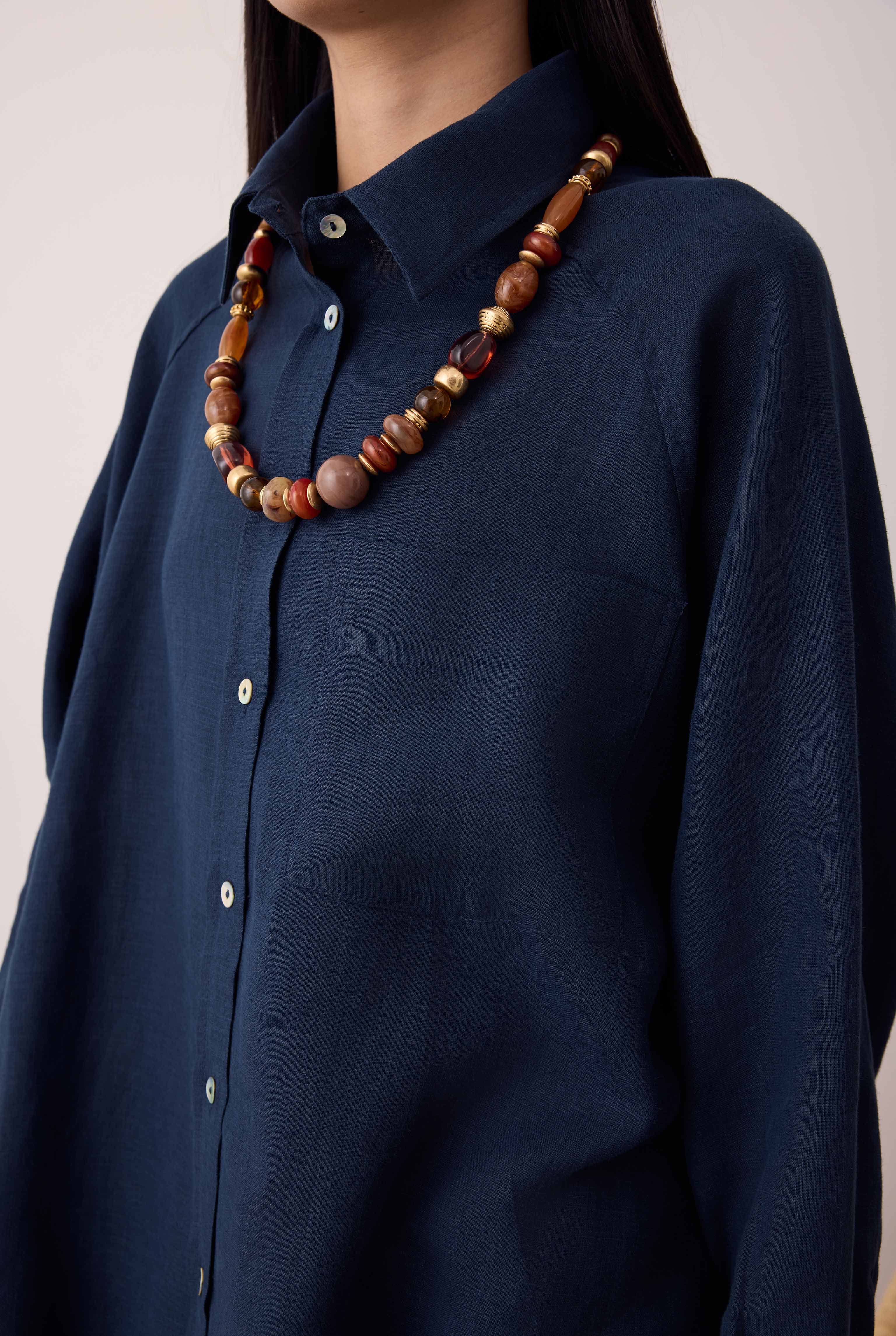 Reglan Kol Basic Keten Gömlek Gece Mavi - 2