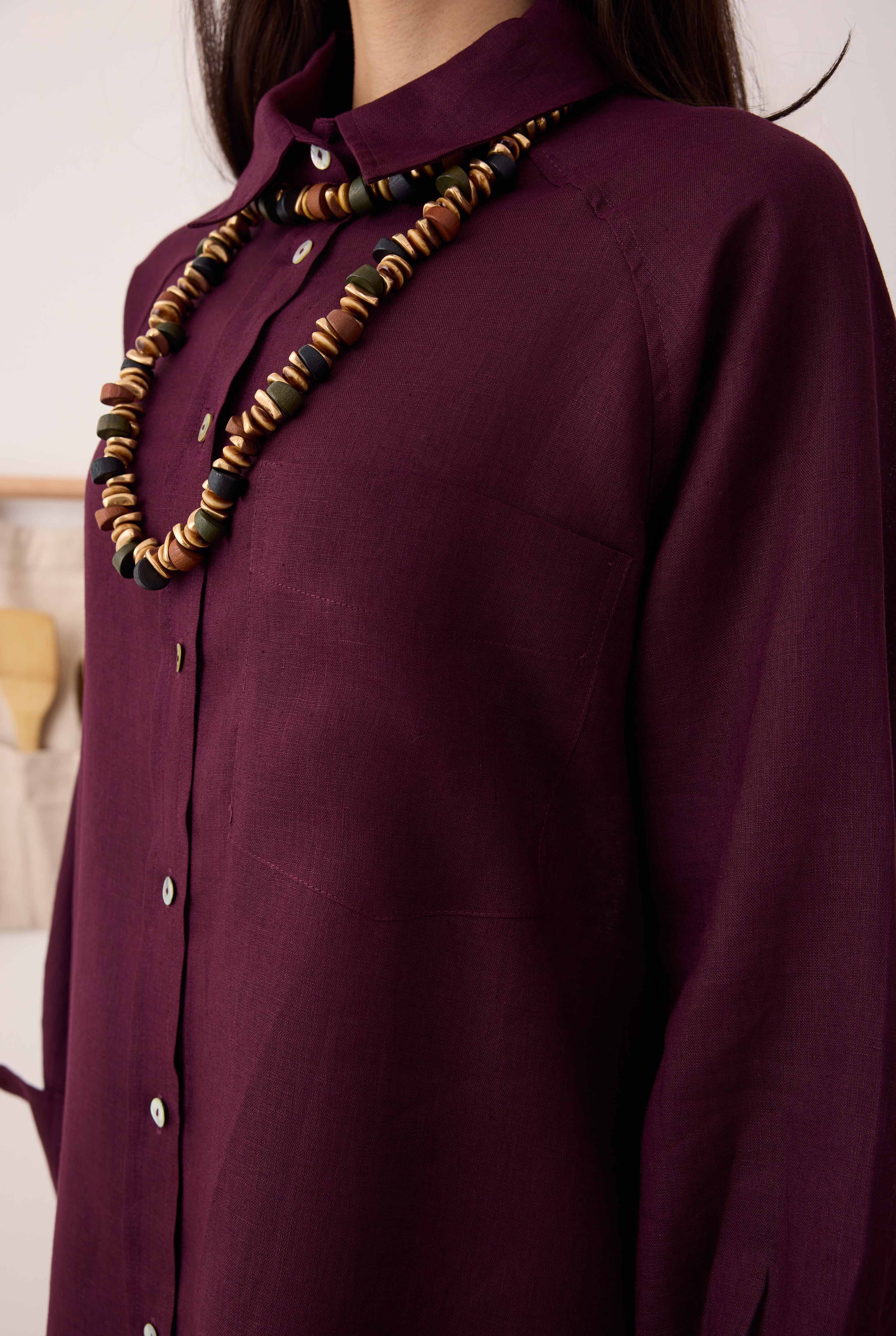 Reglan Kol Basic Keten Gömlek Bordo - 3