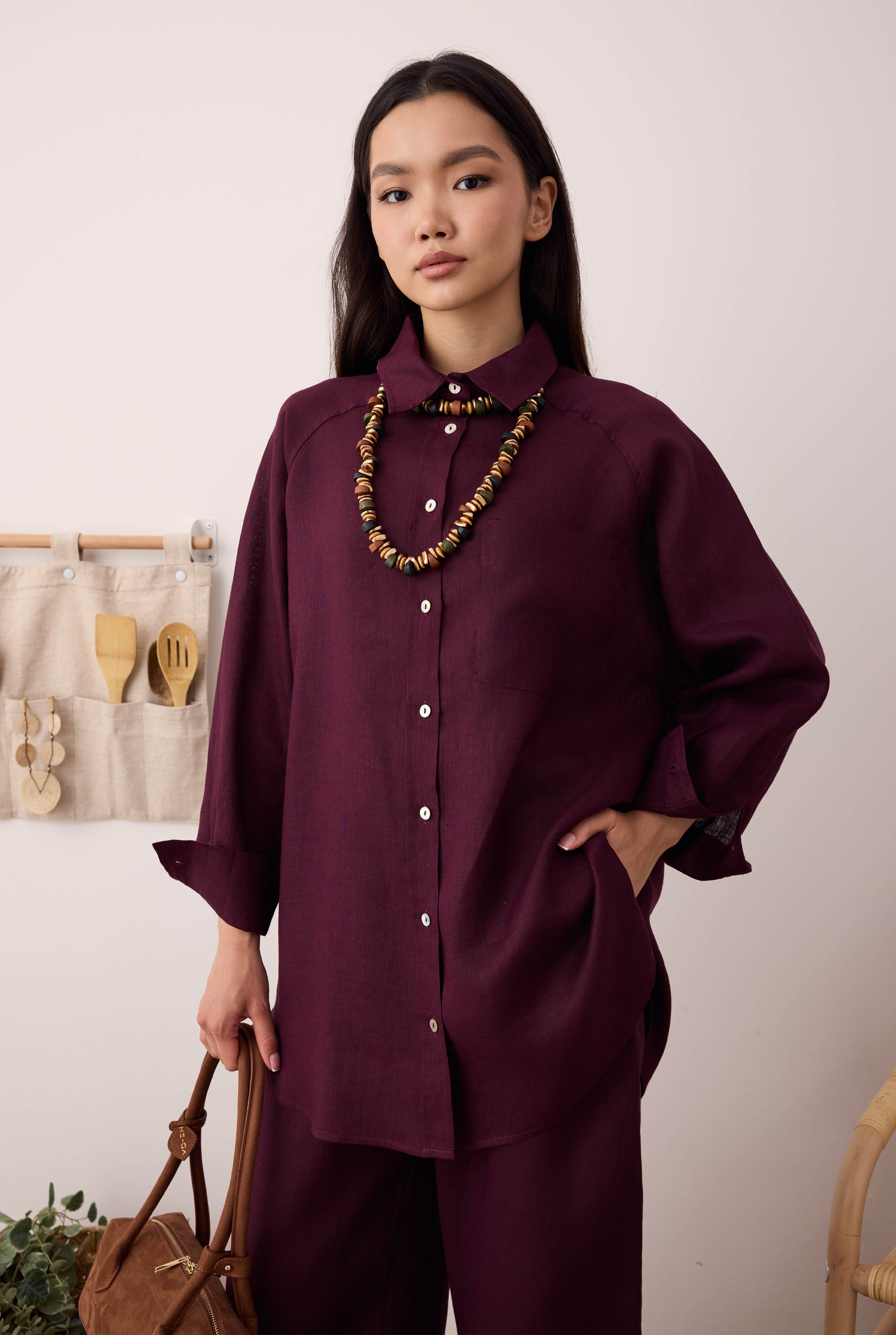 Reglan Kol Basic Keten Gömlek Bordo - 2