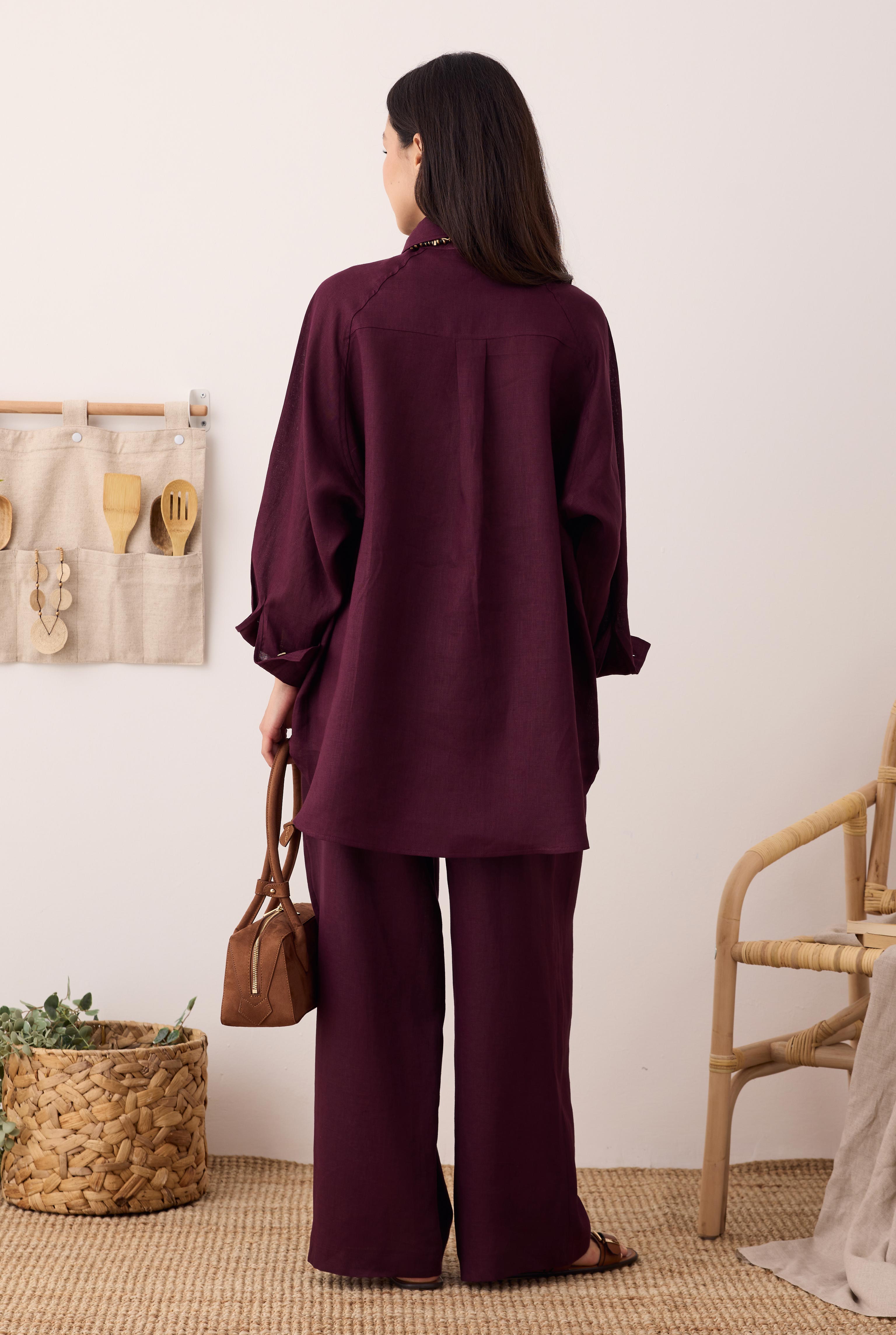 Reglan Kol Basic Keten Gömlek Bordo - 4