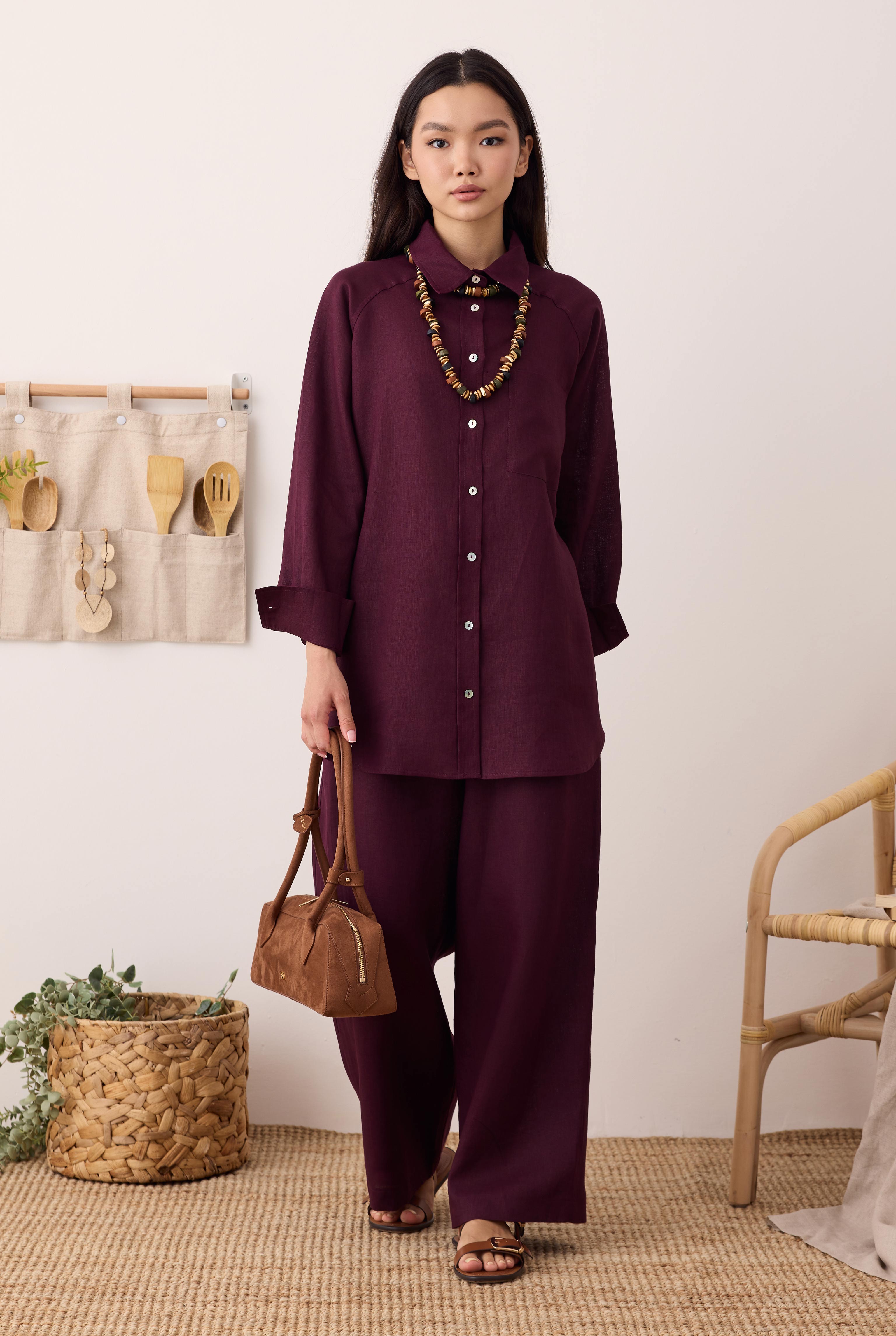 Reglan Kol Basic Keten Gömlek Bordo - 1