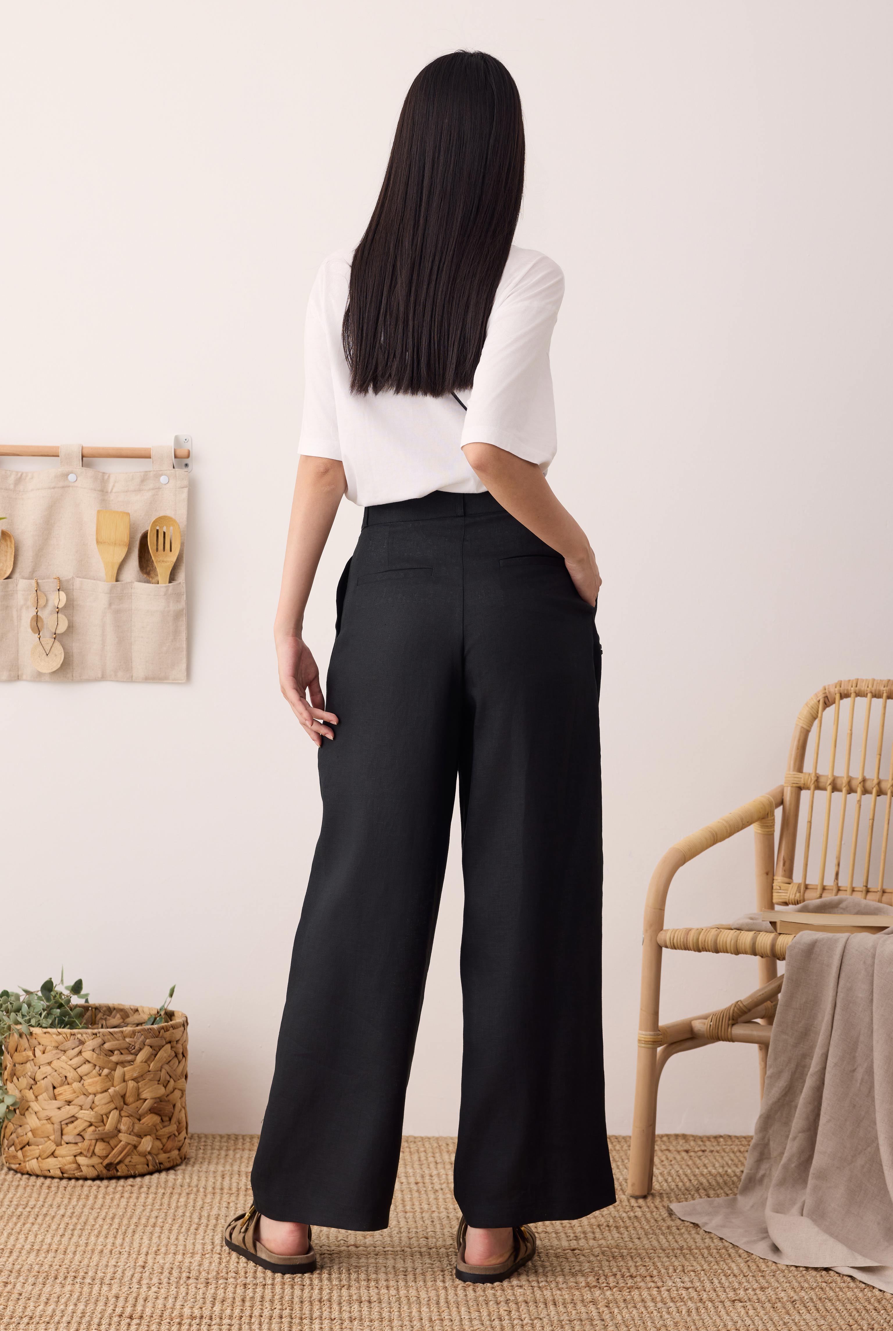 Pileli Basic Keten Pantolon Siyah - 4