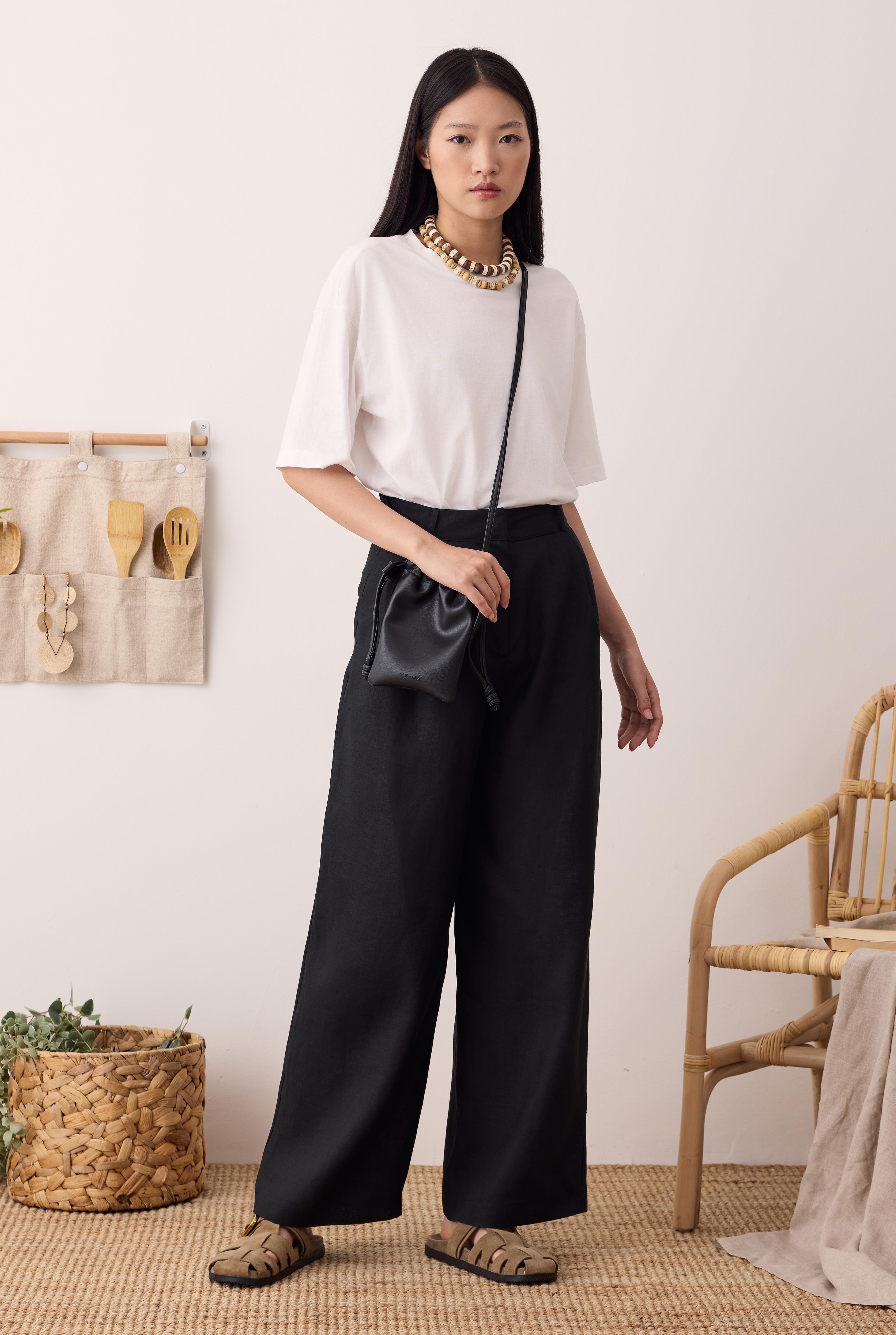 Pileli Basic Keten Pantolon Siyah - 2