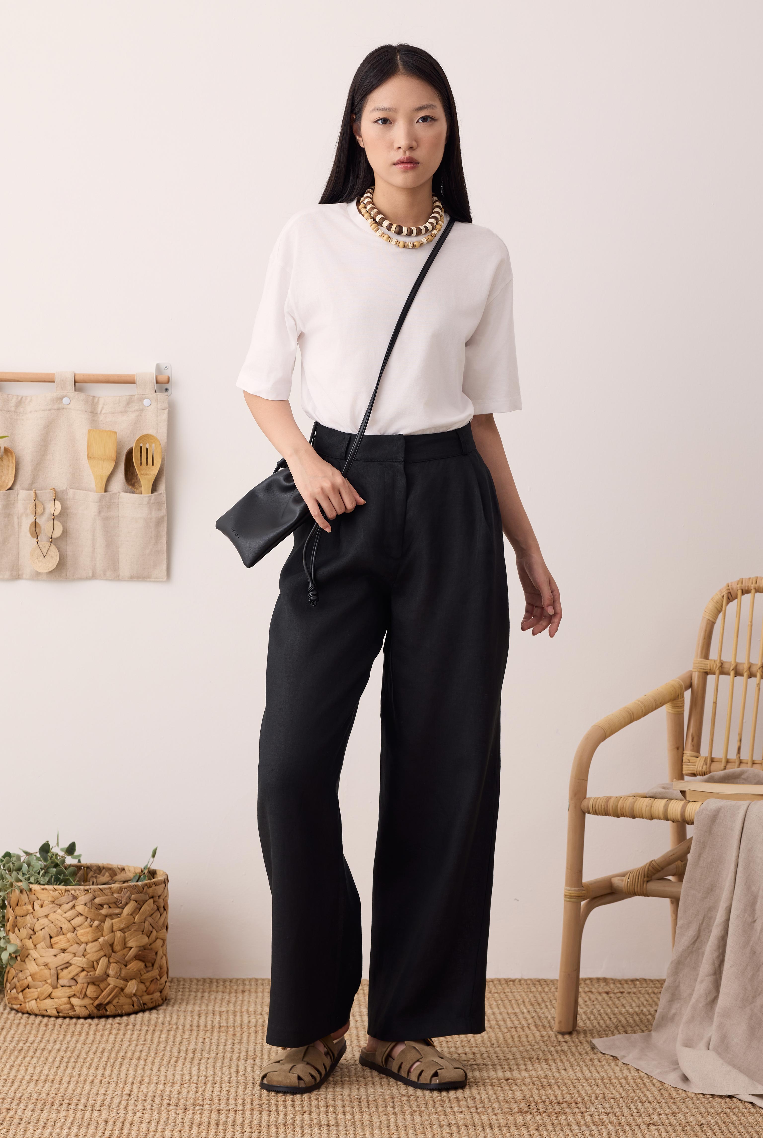 Pileli Basic Keten Pantolon Siyah - 5