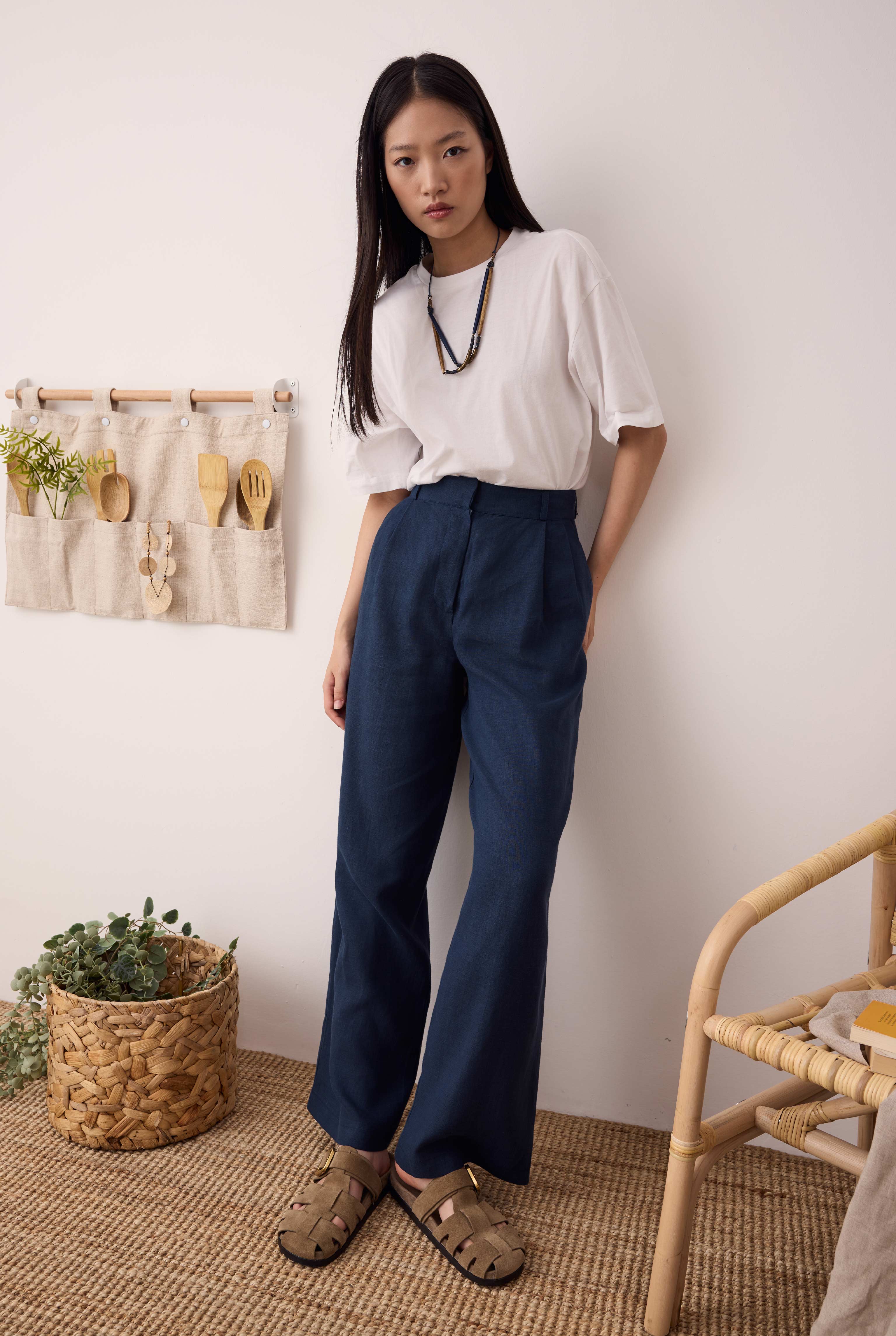 Pileli Basic Keten Pantolon Gece Mavi - 1