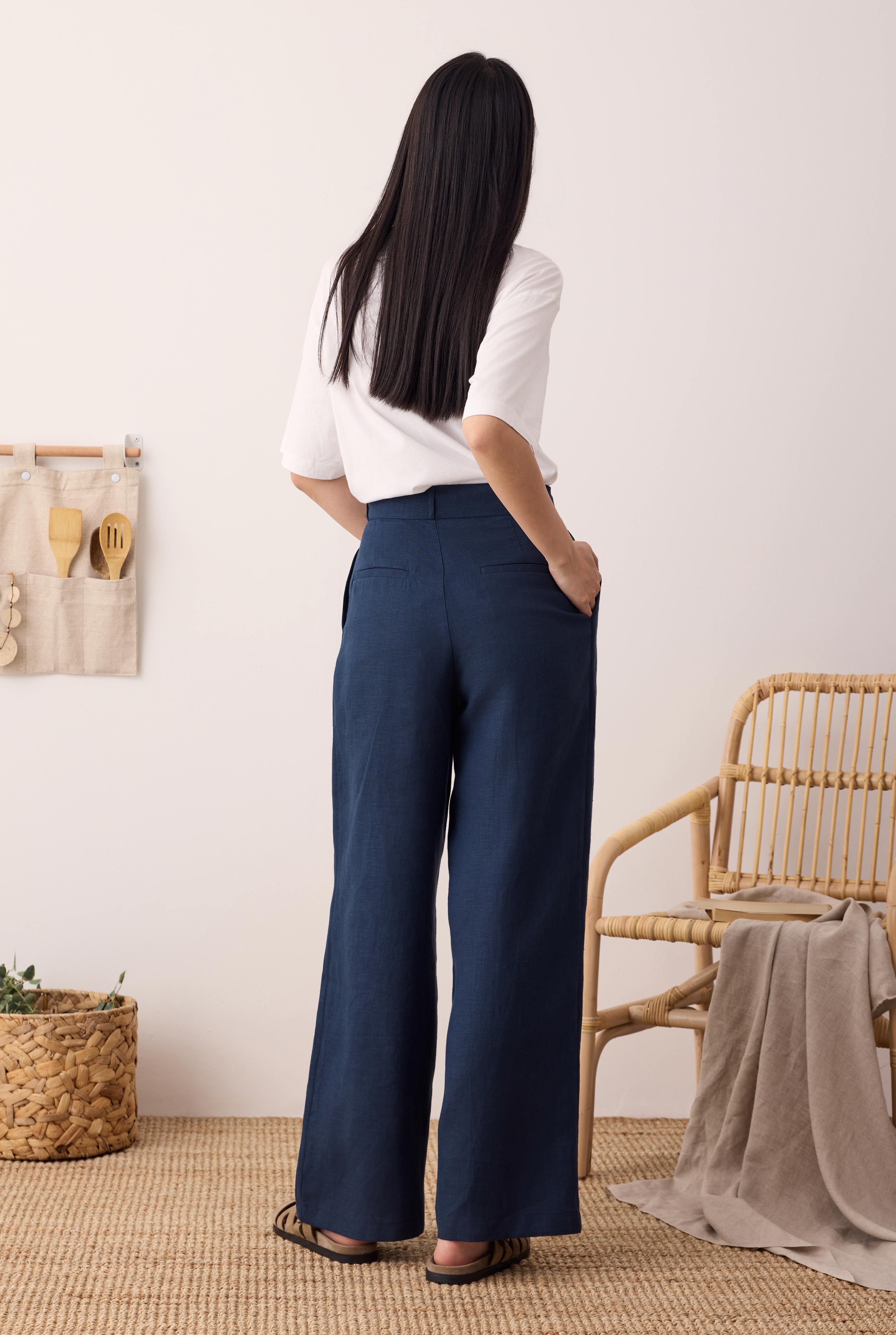 Pileli Basic Keten Pantolon Gece Mavi - 3
