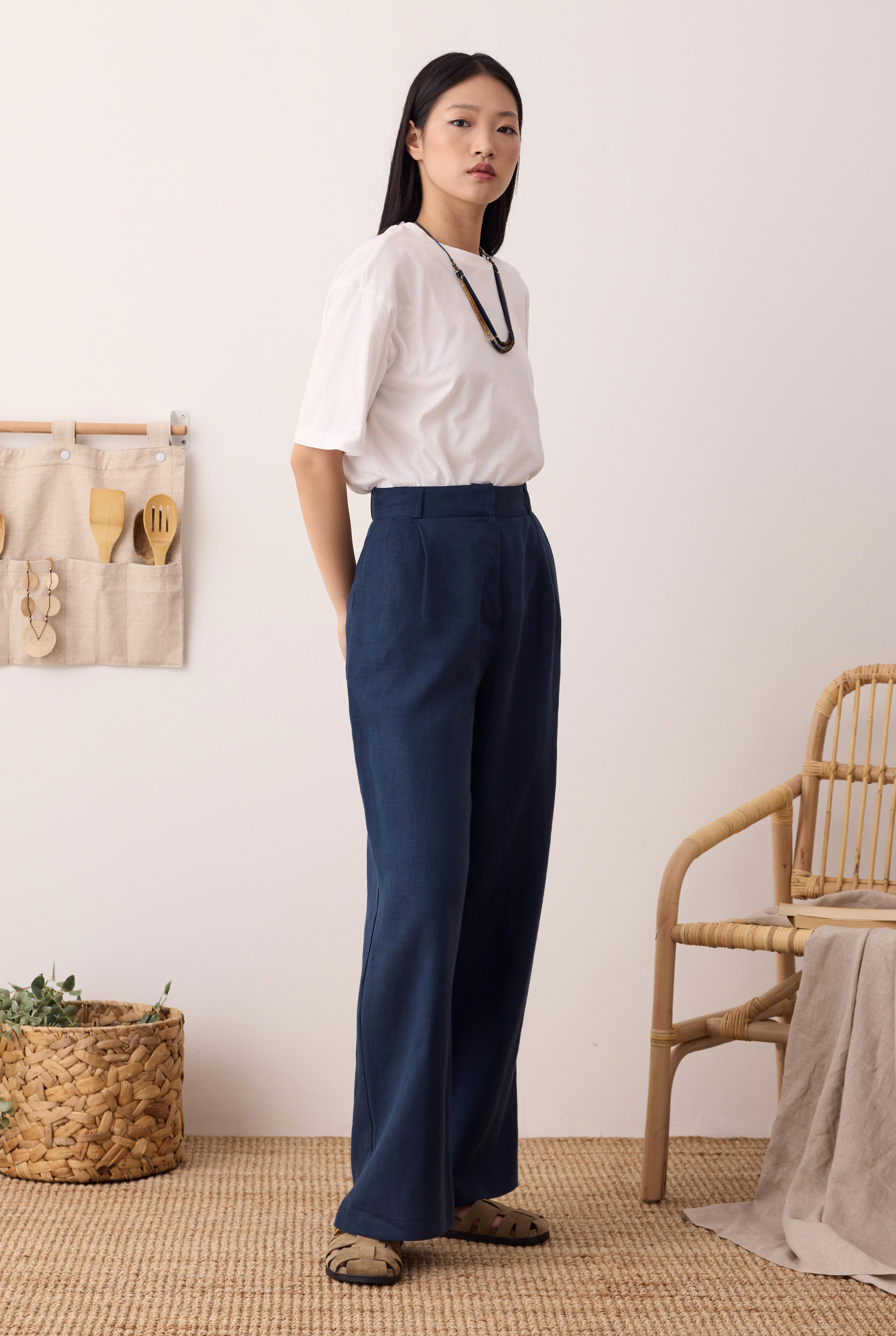 Pileli Basic Keten Pantolon Gece Mavi - 4