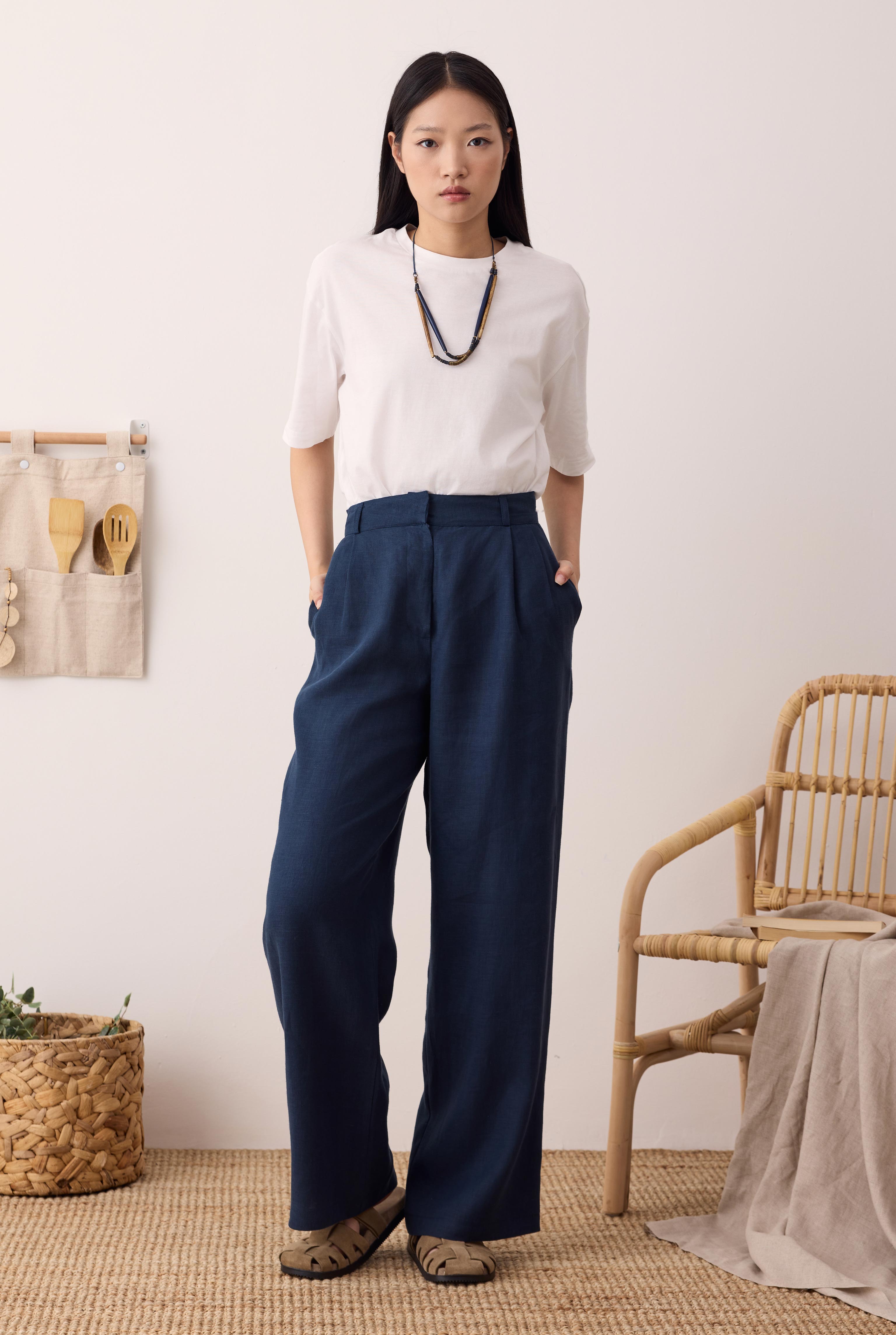 Pileli Basic Keten Pantolon Gece Mavi - 5
