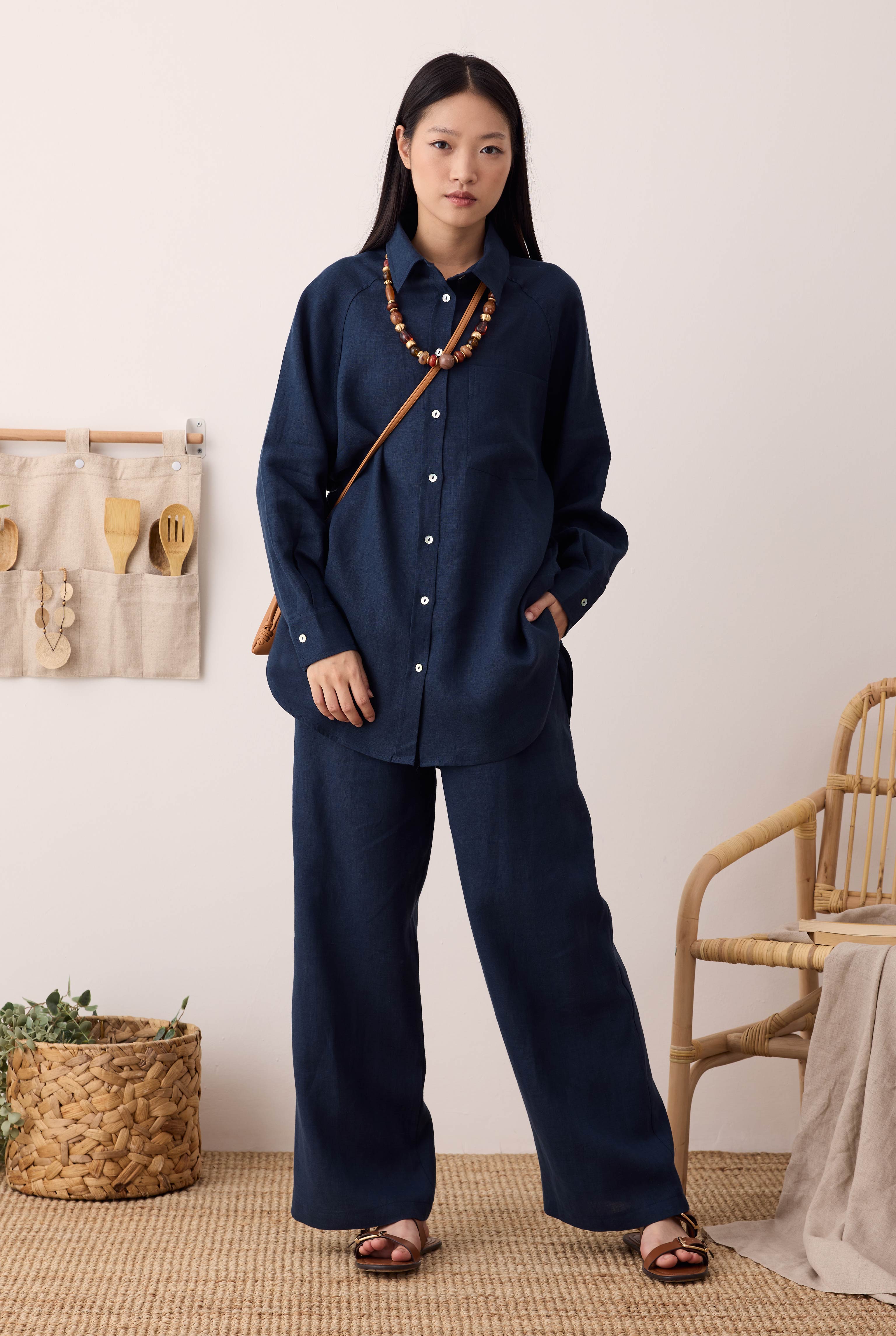 Pileli Basic Keten Pantolon Gece Mavi - 8