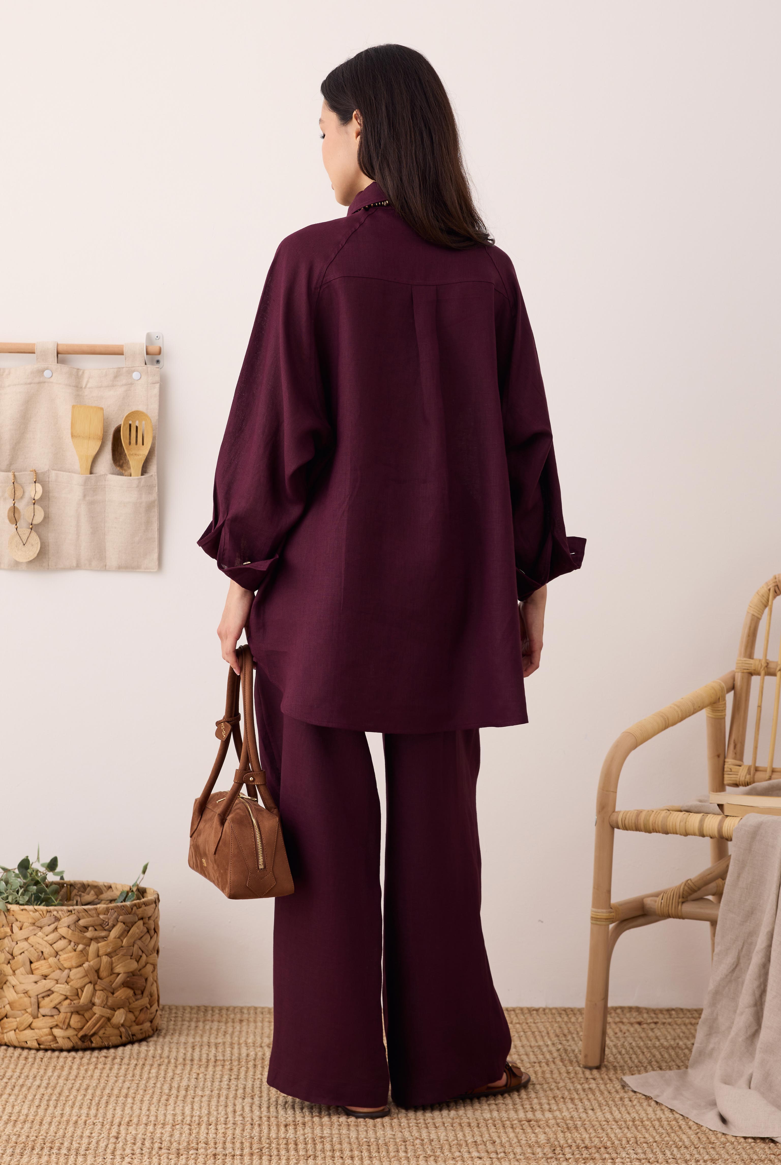 Pileli Basic Keten Pantolon Bordo - 4