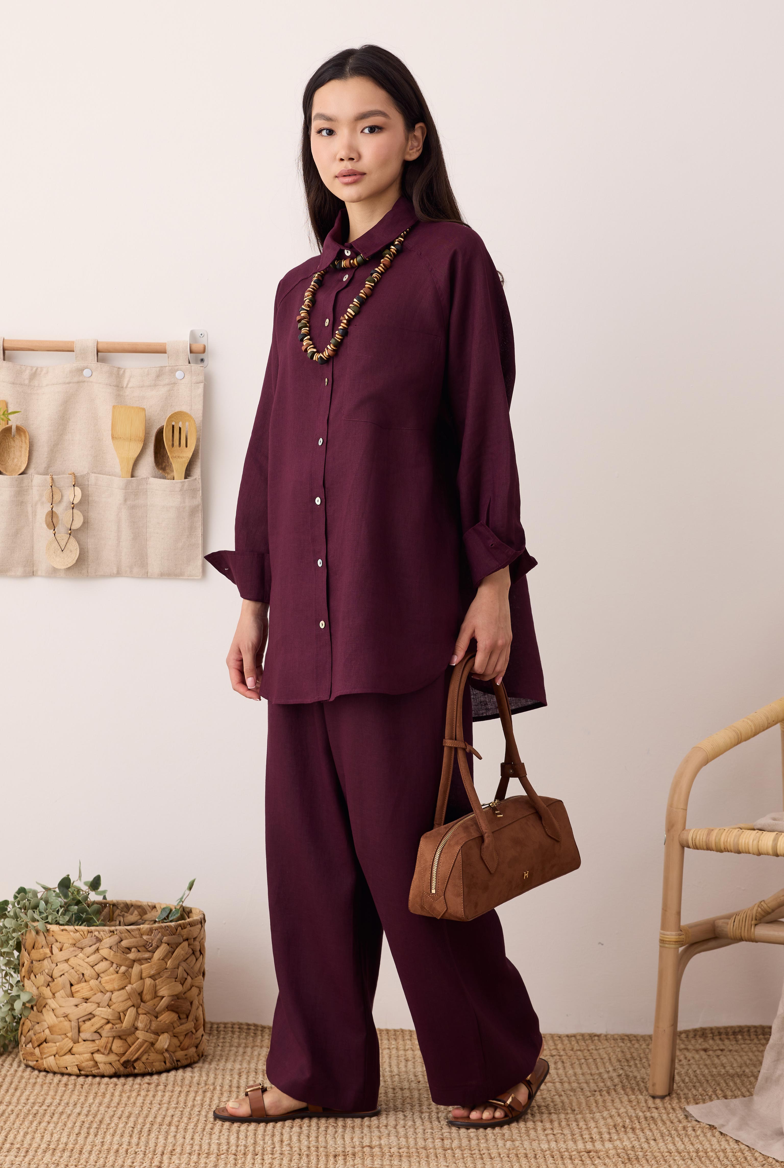 Pileli Basic Keten Pantolon Bordo - 2