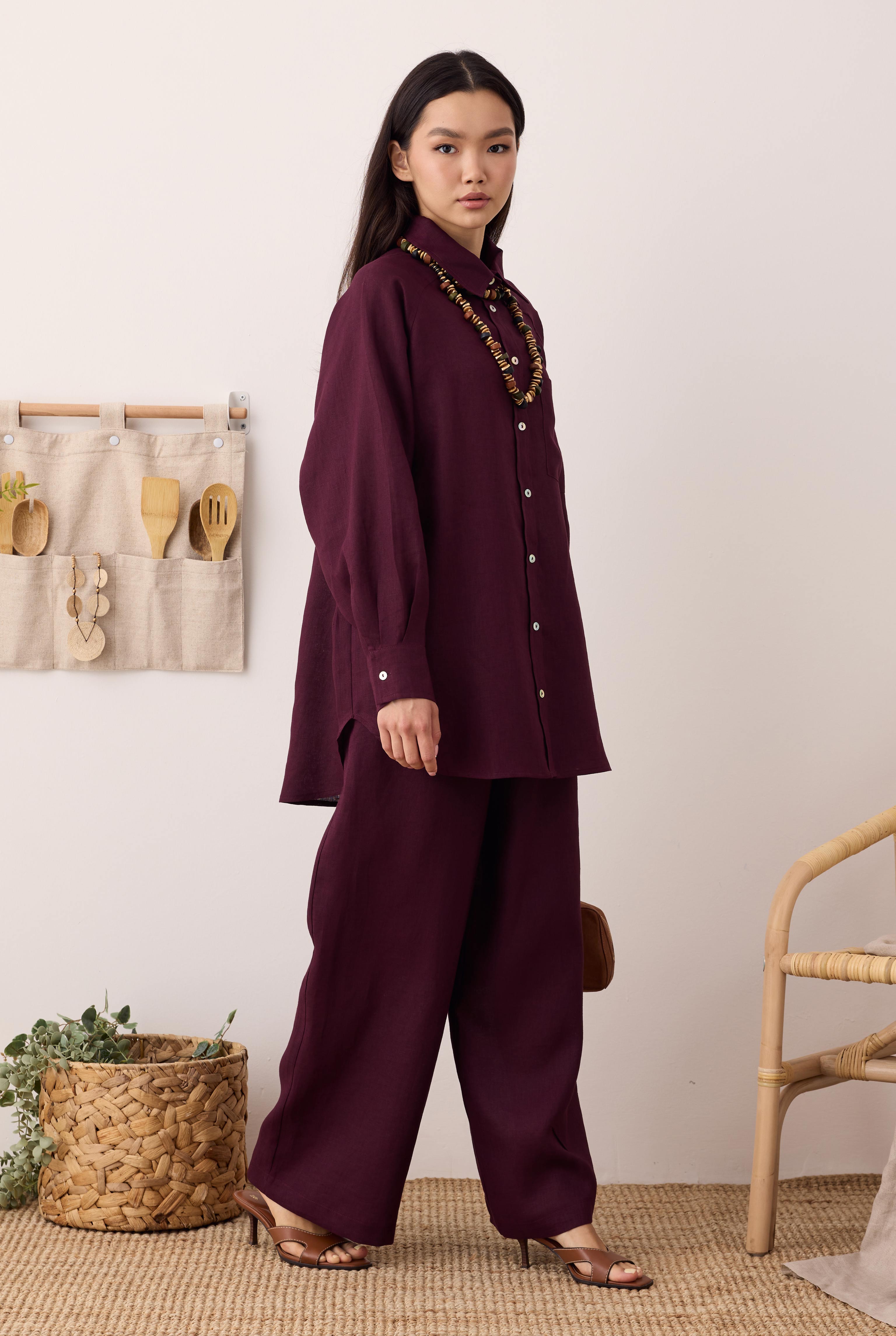 Pileli Basic Keten Pantolon Bordo - 3