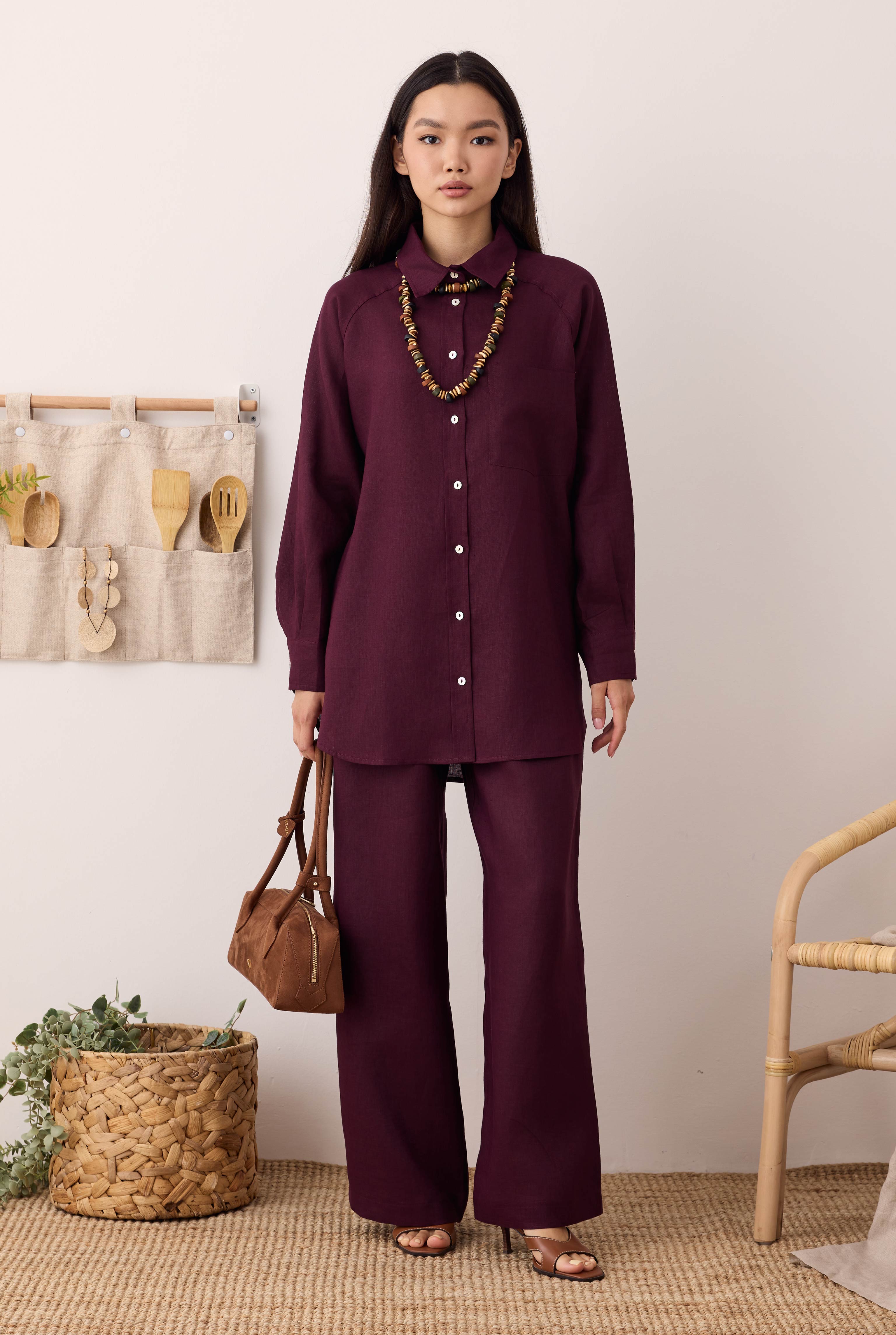 Pileli Basic Keten Pantolon Bordo - HE-QA