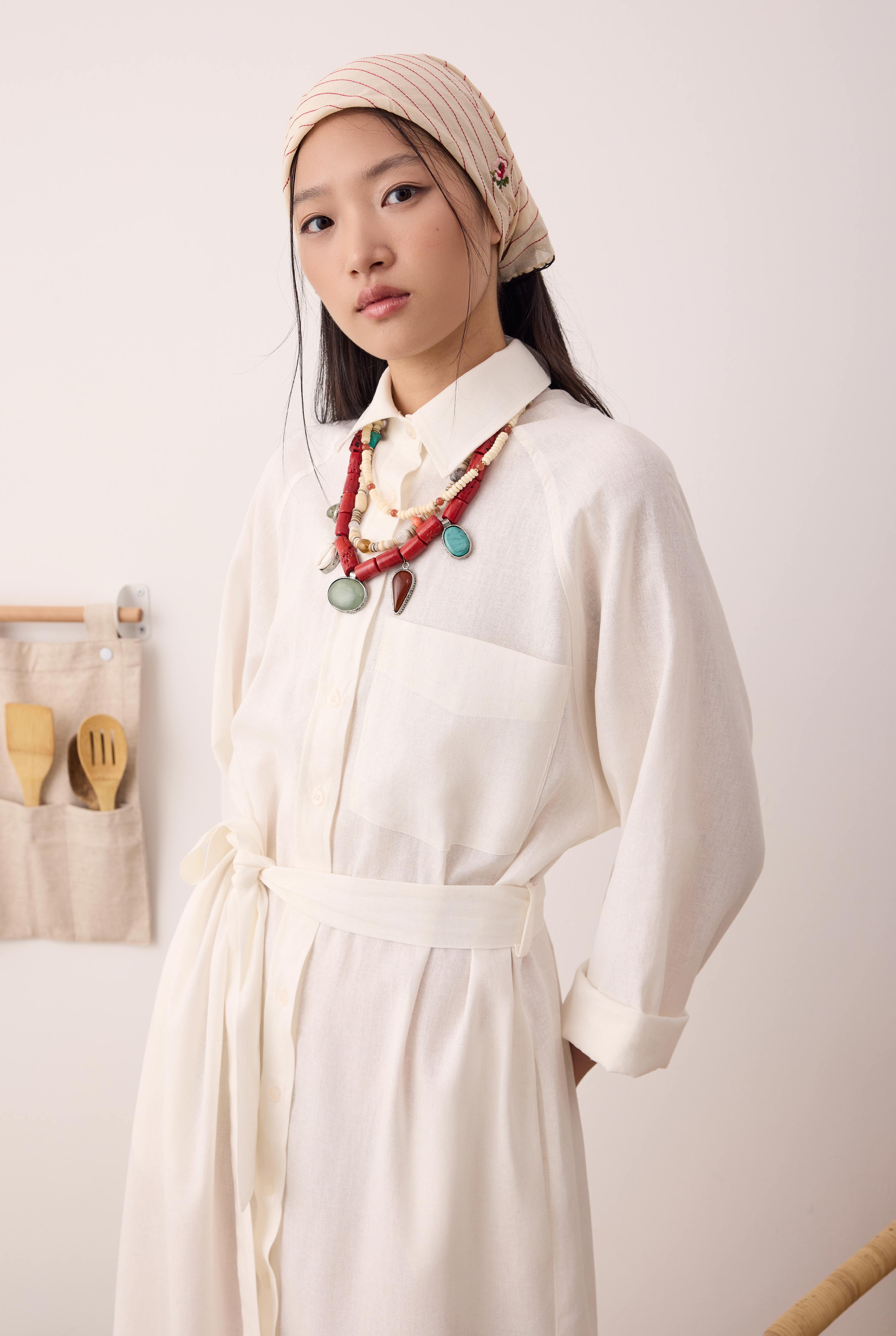 Raglan Sleeve Linen Dress Ecru - 2