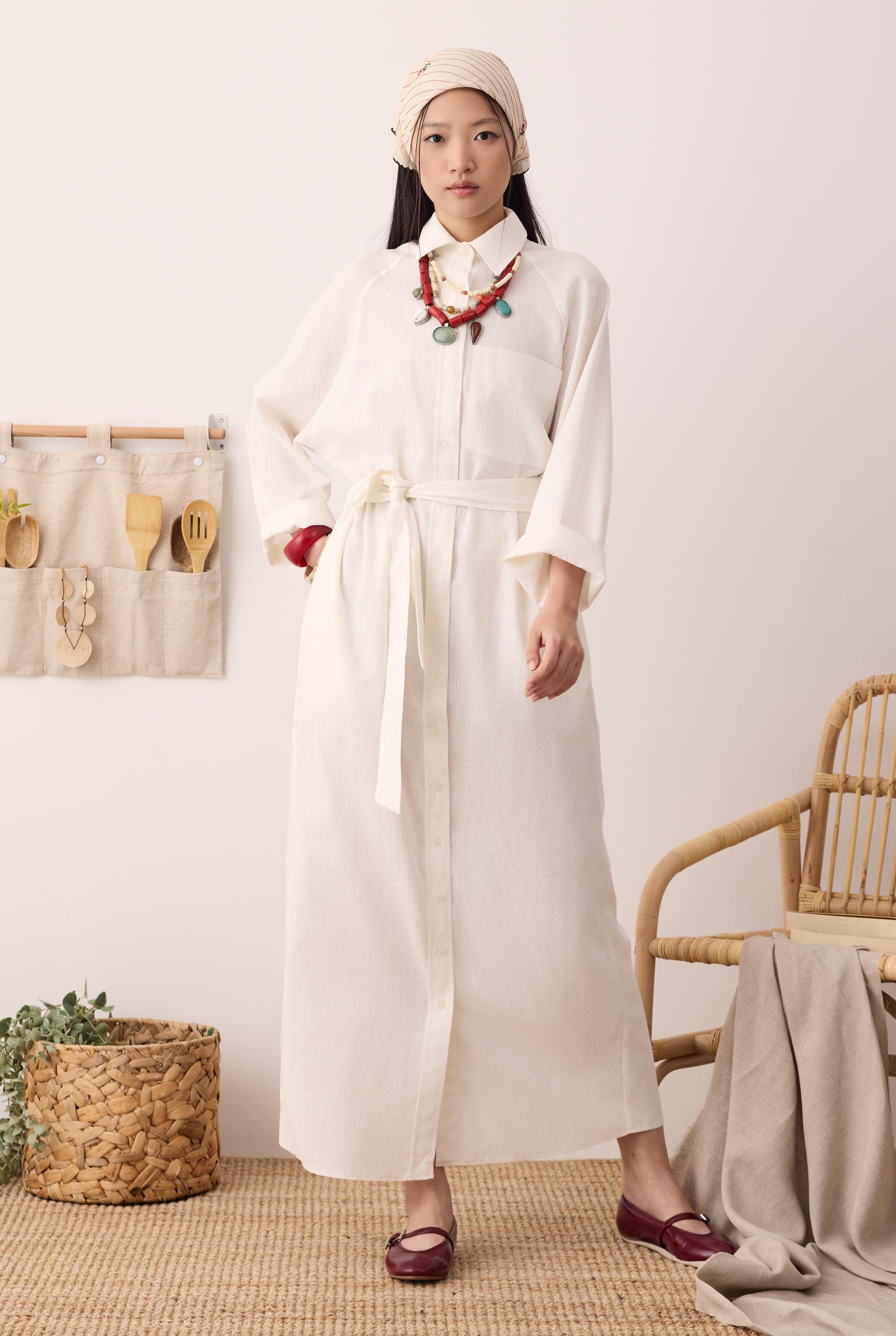 Raglan Sleeve Linen Dress Ecru - 1