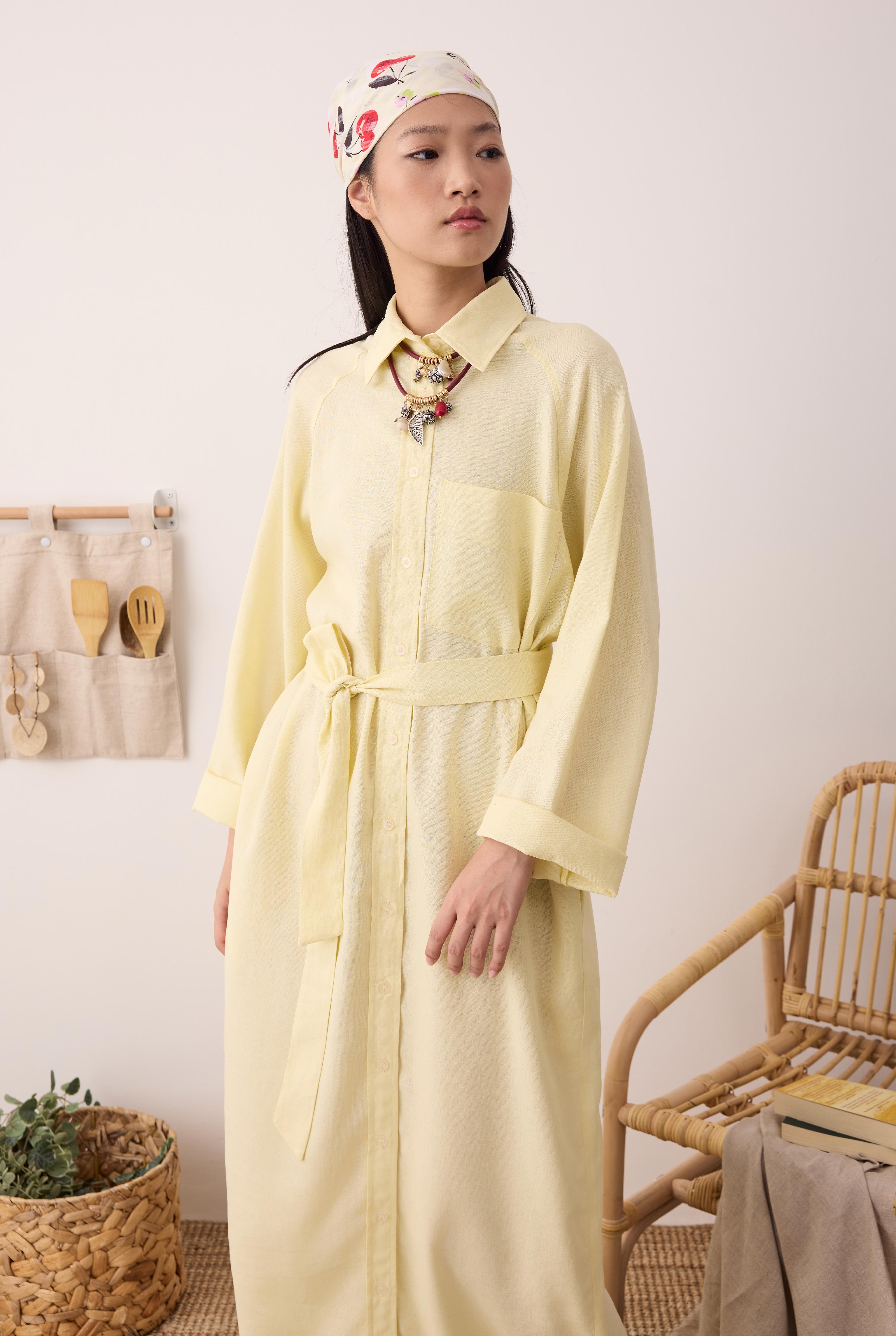 Raglan Sleeve Linen Dress Soft Yellow - 3