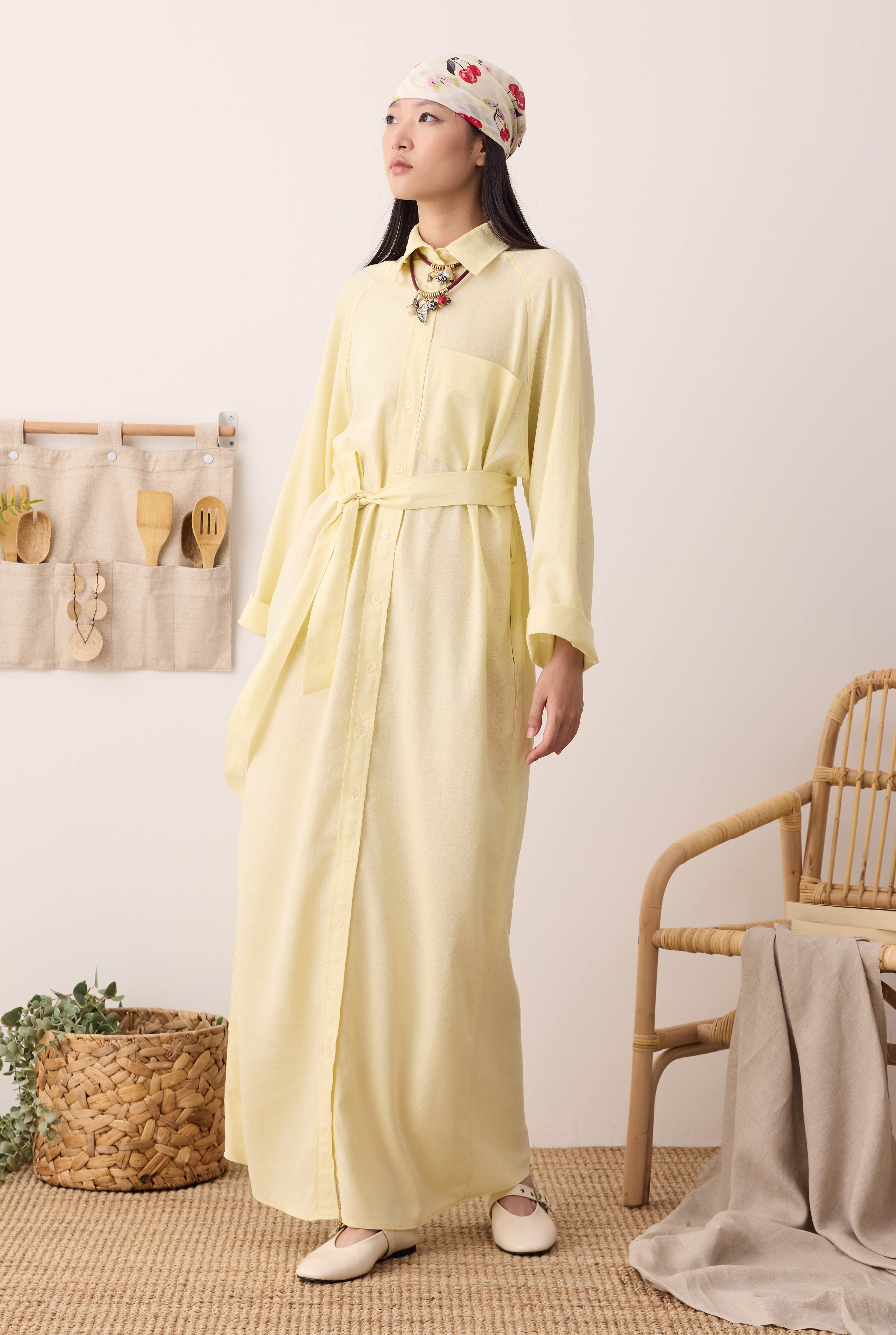 Raglan Sleeve Linen Dress Soft Yellow - 5