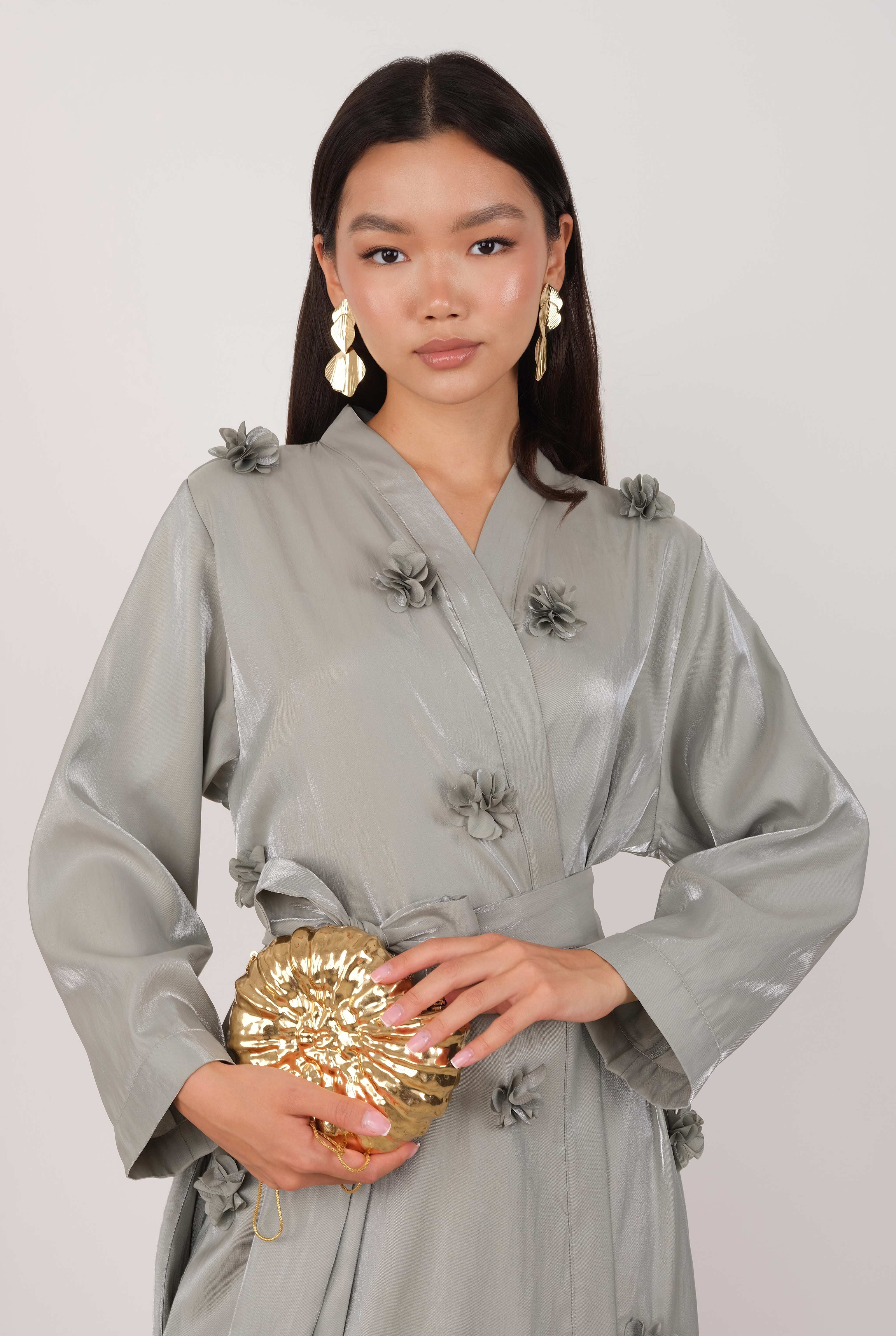 Çiçekli Aplikeli Abaya Çağla - 2