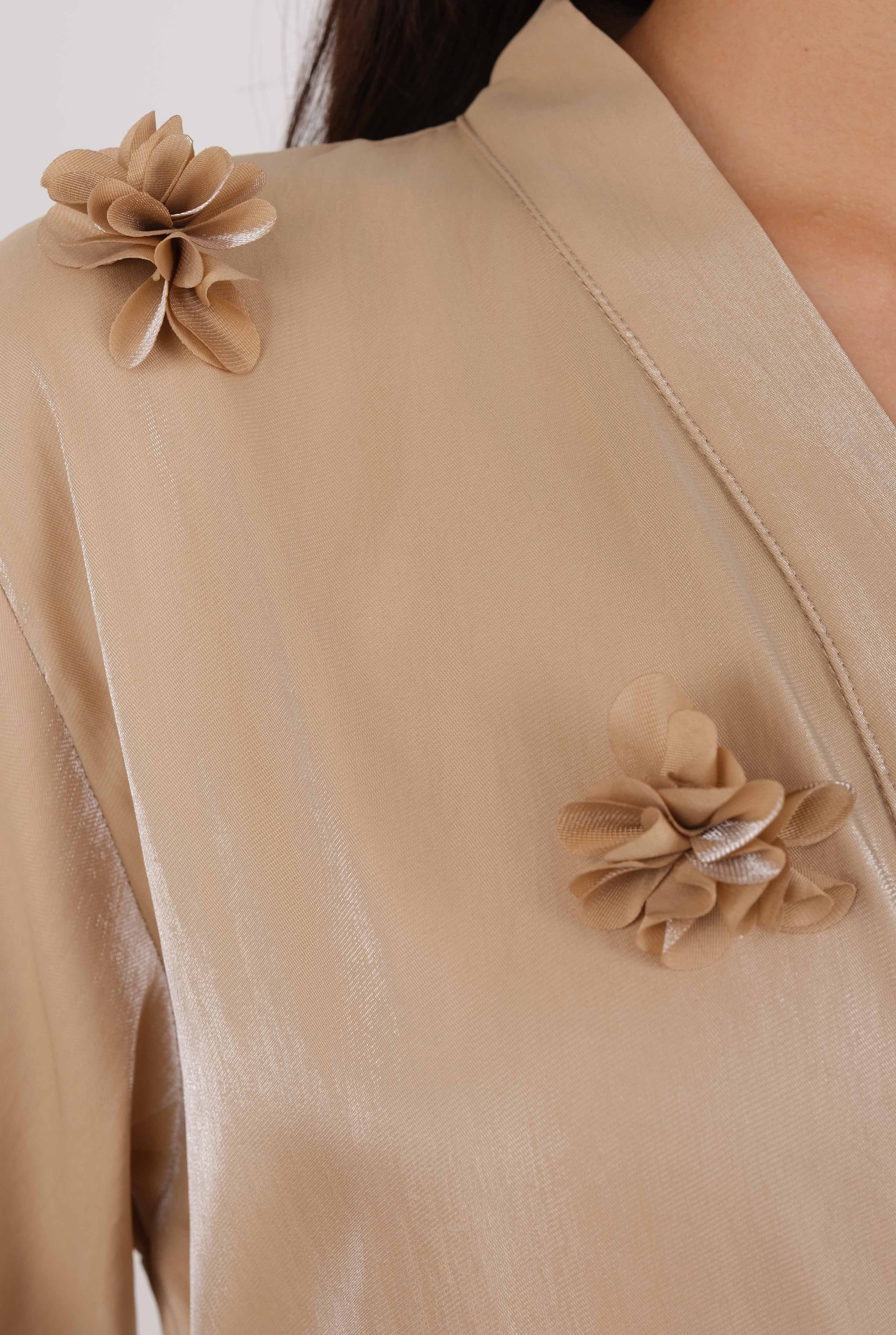 Çiçekli Aplikeli Abaya Koyu Bej - 4