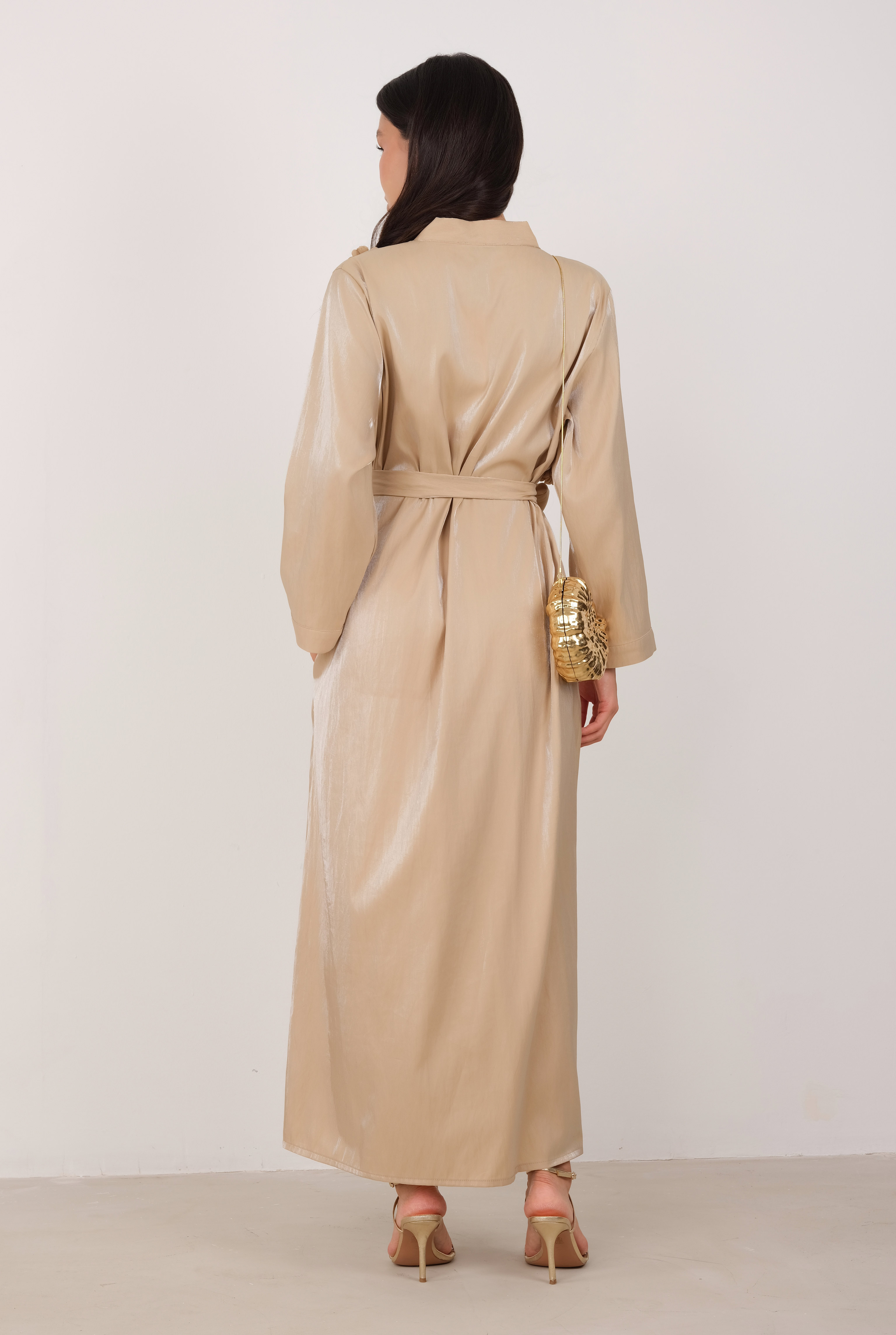 Çiçekli Aplikeli Abaya Koyu Bej - 5